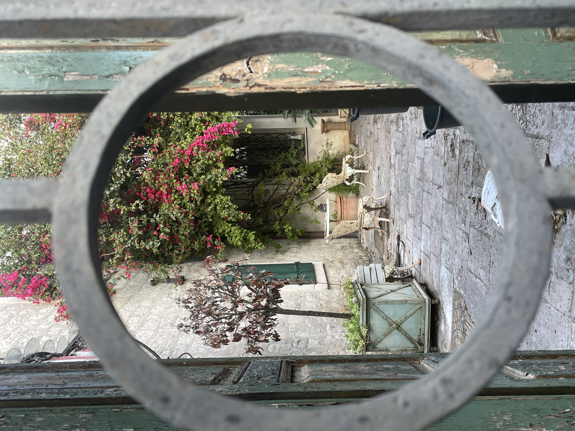 The image shows a view of an interior courtyard in Herceg Novi, Montenegro, as seen through a circular metal opening in an old, weathered green wooden gate. The courtyard has a stone-paved surface. Vegetation includes bougainvillea with pink flowers, a small tree with brownish leaves, and other greenery along the walls. There are two decorative white metal chairs and a metal-framed planter in the courtyard. The buildings surrounding the courtyard have a light-colored stone exterior and a green window shutter.