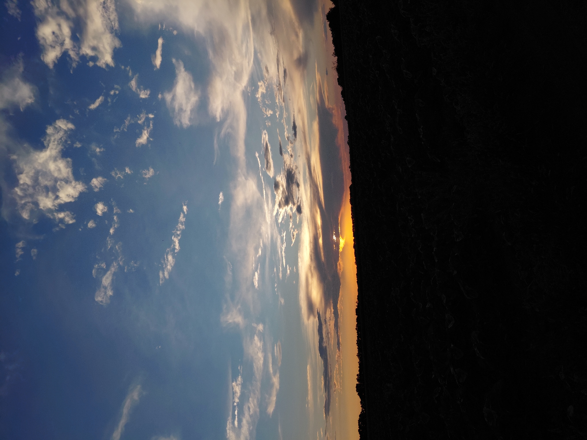 This is a photograph of a silhouetted field at sunset. The sky is filled with clouds ranging in color from deep blue to orange and yellow, with the sun setting on the horizon. The field in the foreground is dark and indistinct, with a line of trees silhouetted against the bright sky. The image captures a natural scene with no visible people or man-made objects other than the implied agricultural use of the field. The location is not specified, but it appears to be a rural or natural setting.