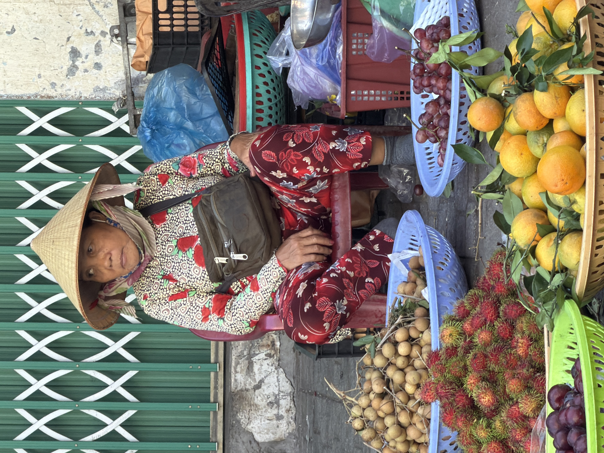 In Nha Trang, Vietnam, a woman wearing a conical hat sits on a red plastic chair behind a display of fruits. She is wearing a floral print shirt with red and white patterns and a matching red floral print sarong. A brown bag is slung across her chest. In front of her, several baskets overflow with fruits: a blue basket contains longans, a red and green basket is piled high with rambutans, and another blue basket holds a bunch of red grapes. To the right, a basket is filled with oranges and lemons, and a green basket in the foreground contains dark purple plums. The background features a green metal gate with white crisscrossing patterns, a concrete wall, and stacks of plastic bags and baskets. The scene suggests a bustling street market in Nha Trang.