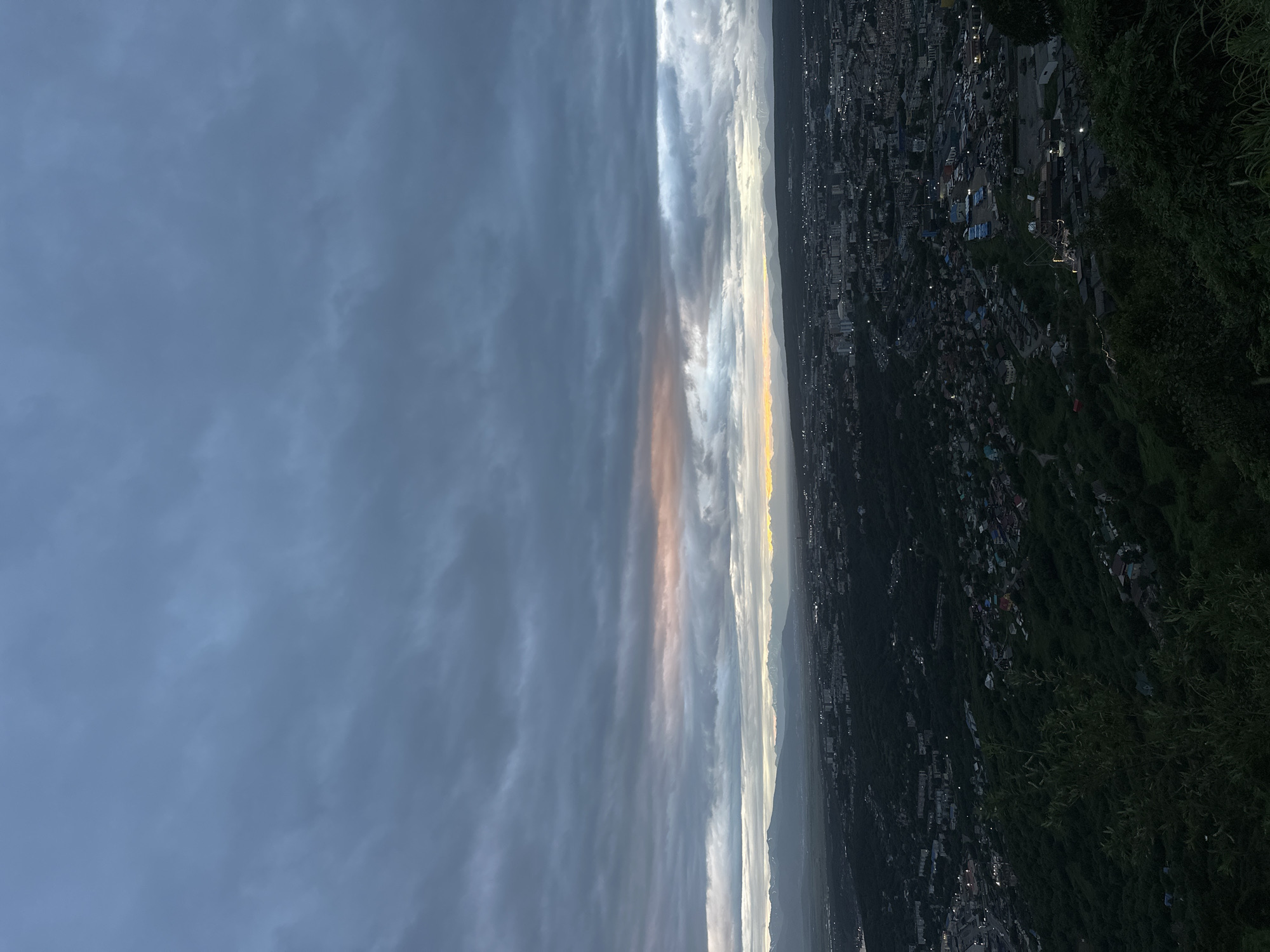The image shows an aerial view of Petropavlovsk-Kamchatsky, Russia, at dusk. A vast, densely populated urban area stretches out below, characterized by a mix of buildings and extensive green spaces. The city lights are beginning to twinkle, indicating the transition from day to night. In the distance, a range of mountains forms the horizon, their peaks softly illuminated by the fading sunlight. The sky above is overcast with heavy, dark clouds, but a sliver of warm, orange light breaks through near the horizon, suggesting a sunset or sunrise. The foreground is dominated by dark, lush vegetation, likely trees and bushes, suggesting the vantage point is from a hill overlooking the city. The overall atmosphere is calm and serene, capturing the quiet beauty of the city as it settles into the evening.