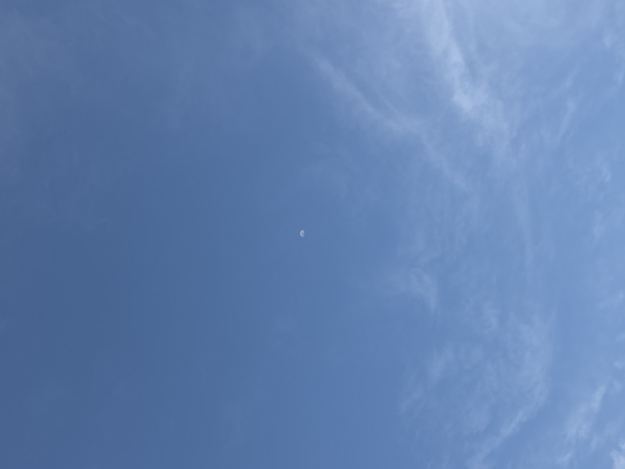 A daytime wide shot reveals a blue sky with thin, wispy clouds scattered across the right side. A small crescent moon is visible in the center of the frame. The image appears to be taken outdoors, likely in Boca del Río, Mexico, though there are no identifying landmarks to confirm the specific location within the city. No people, subjects, objects, actions, or interactions are visible other than the sky, clouds, and moon.