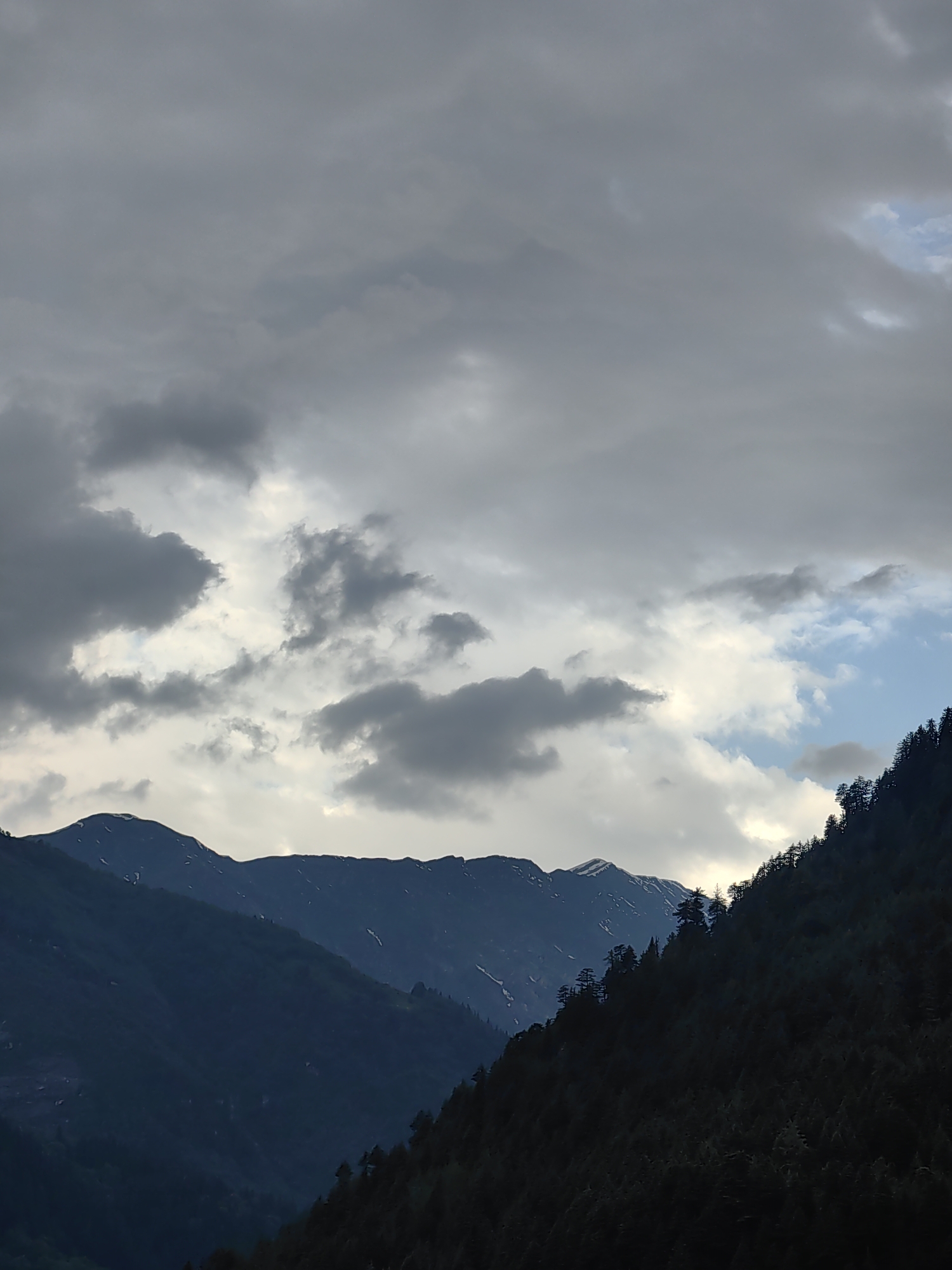The image depicts a mountainous landscape, likely in or near Vashisht, India, under a dramatic, cloudy sky. The foreground is dominated by the dark, densely forested slopes of a mountain, with the silhouettes of numerous pine trees sharply defined against the lighter sky. Further in the background, another mountain range rises, its peaks appearing jagged and tinged with white, possibly snow or ice. The sky is filled with heavy, dark grey clouds, interspersed with patches of brighter sky and lighter clouds, suggesting an overcast or stormy weather condition. The overall impression is one of a rugged, natural environment on the verge of changing weather. There are no people or man-made structures visible in the frame.