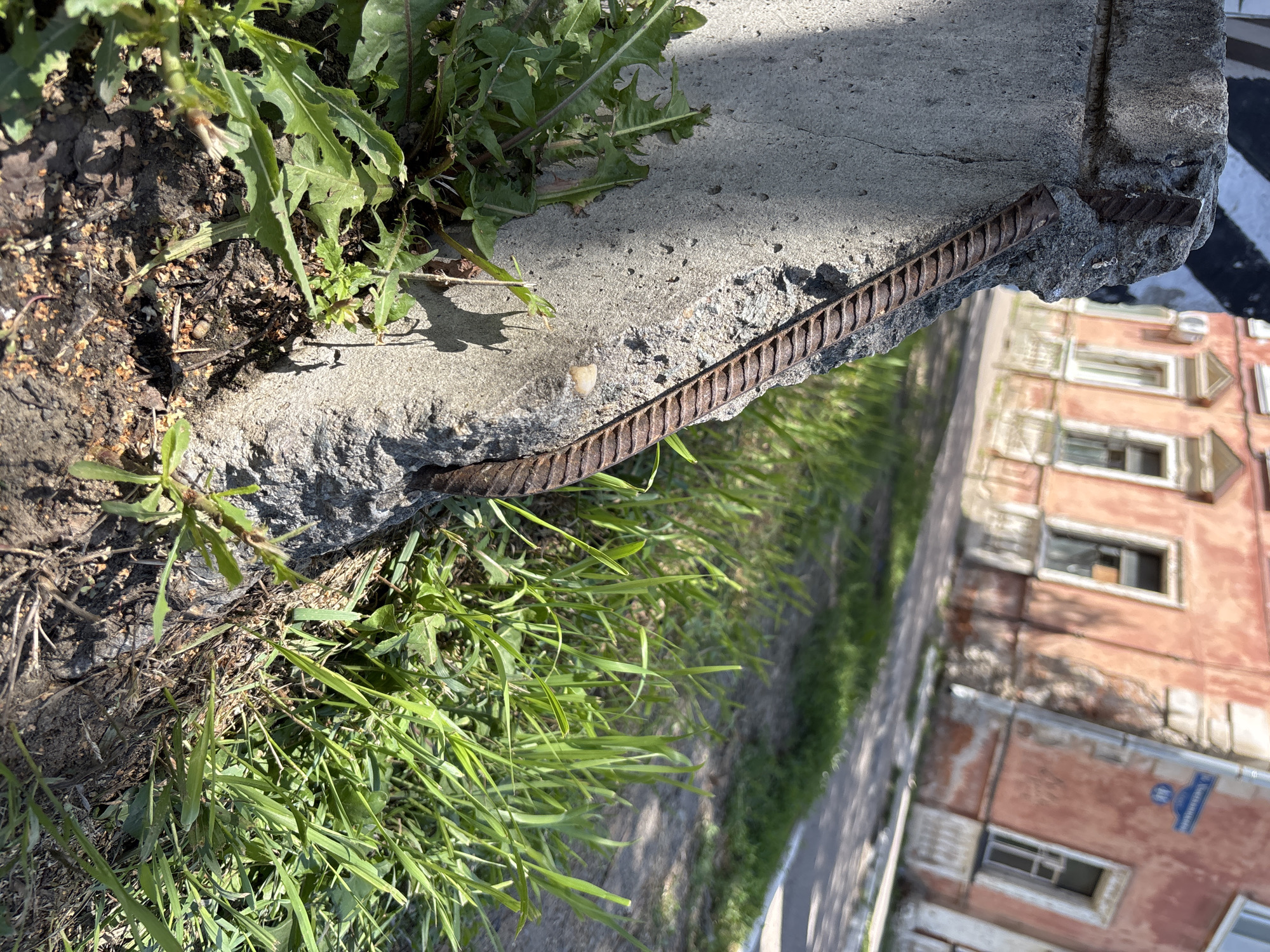 The image shows a close-up view of a broken concrete post with a rusty rebar sticking out. The post is situated in an urban environment with green grass and some weeds growing around its base. In the background, a weathered, salmon-pink building with arched windows and decorative white trim is visible. A street sign with blue lettering and a number can be seen on the building's facade. The scene appears to be outdoors on a sunny day. The location is identified as Blagoveshchensk, Russia, based on the street sign.
