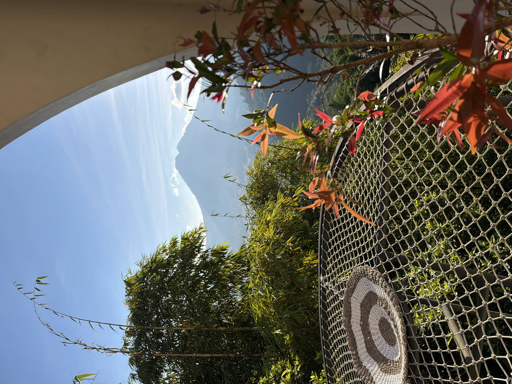 This image presents an outdoor scene in Kintamani, Indonesia, under clear daytime conditions. No people are visible. In the foreground, a circular woven mat, patterned with concentric brown and off-white rings, rests upon a taut, light-colored square-meshed net structure. Immediately to the right, a plant with prominent reddish-orange leaves is partially in focus, situated alongside a curved segment of a light beige architectural element, possibly an archway. The midground is occupied by dense green foliage, including slender bamboo shoots curving towards the upper left. The background reveals two large, hazy mountains, consistent with volcanic topography, positioned beneath a bright blue sky containing a few scattered white clouds. The scene is illuminated by direct sunlight.