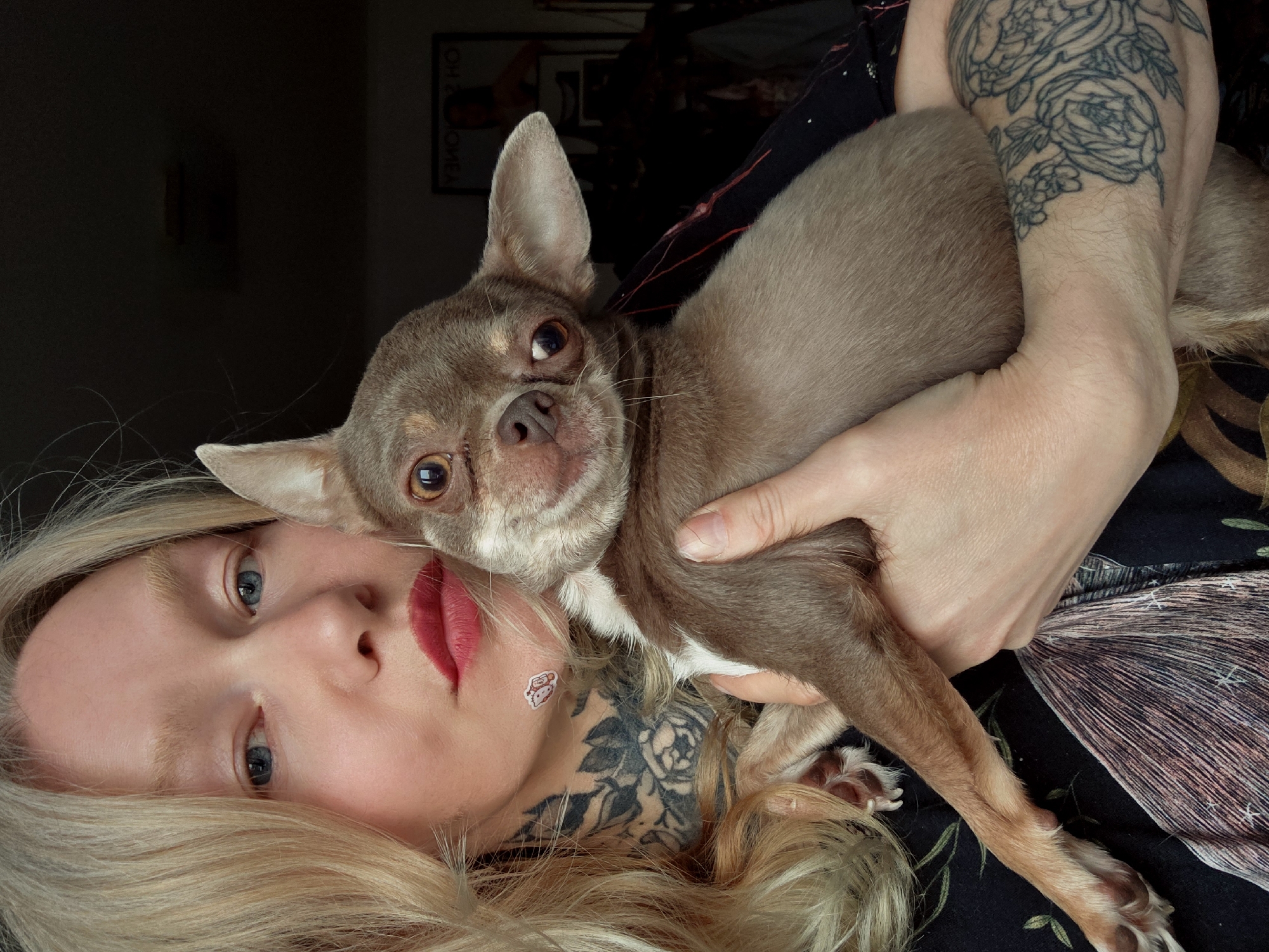 A sideways, medium shot depicts a pale-skinned woman with blonde hair and red lipstick, lying with her head to the left, holding a small brown Chihuahua. The woman has tattoos on her neck and arm. A small, round cartoon sticker is visible on her right cheek. The Chihuahua is held in the crook of the woman's right arm. The background includes a dark area, patterned fabric, and the edge of a framed photograph. The location, city of Saint Petersburg, Russia, cannot be determined from the visual information provided.