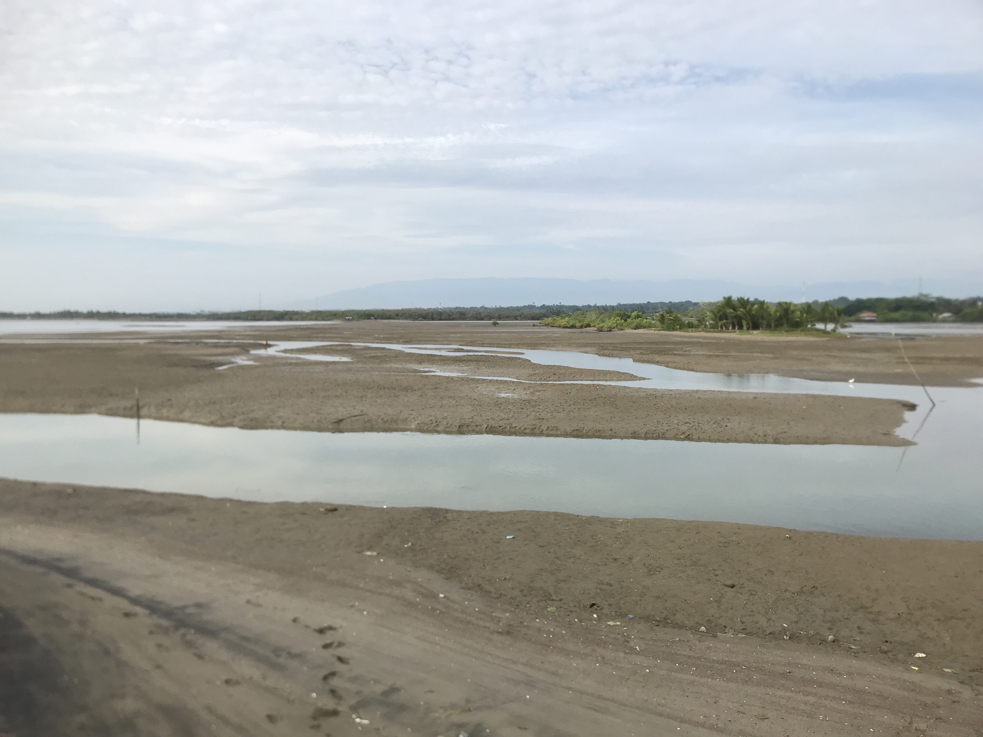 This media file depicts a natural landscape in Lhokseumawe, Indonesia. The scene is a muddy, low-tide area with shallow channels of water winding through it. The foreground shows damp, dark sand with faint footprints. Further back, the mudflats are interspersed with reflective water bodies. In the middle ground, there is a thin, vertical pole or post standing in the water. The background features a lush green tree line with palm trees and other vegetation, suggesting a tropical environment. Beyond the trees, a hazy mountain range is visible under a cloudy sky. The overall impression is one of a tranquil, natural setting, likely observed during the daytime under overcast weather conditions. There are no discernible people or explicit objects in the immediate foreground or mid-ground, apart from the pole. The scene evokes a sense of peacefulness and the natural ebb and flow of the tide. No text is visible in the image.