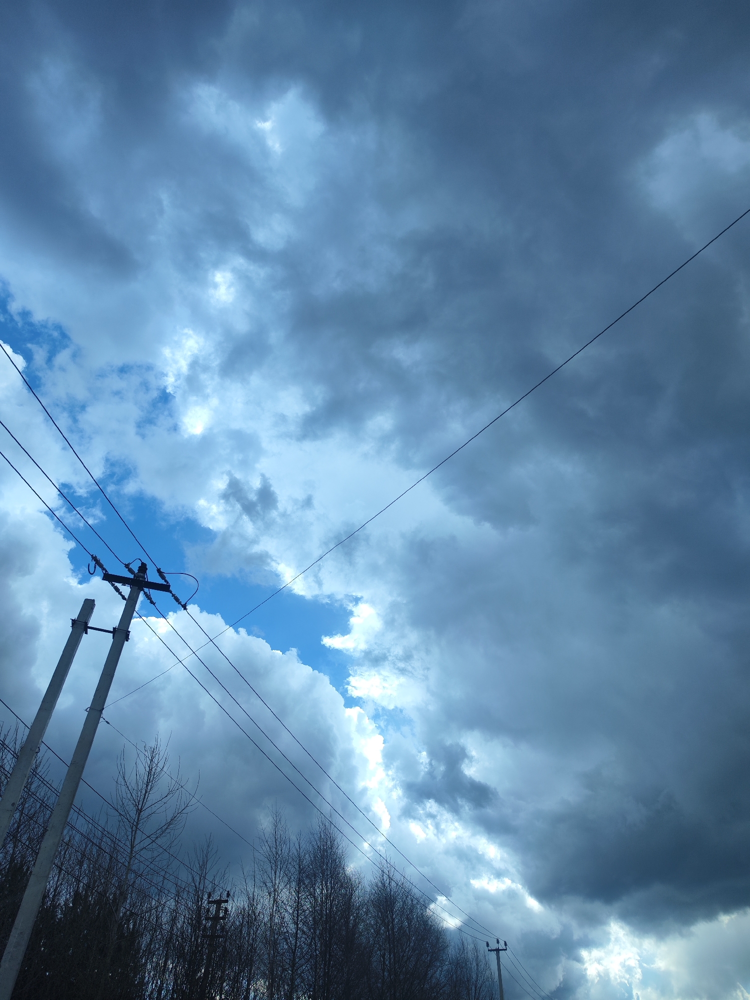 The image captures a dramatic sky dominated by a dense array of clouds in shades of dark gray, deep blue, and bright white. Large, heavy clouds fill most of the frame, suggesting an overcast or impending stormy weather condition, while patches of clear, vibrant blue sky are visible towards the left and center, allowing bright light to pierce through.
In the lower left and central-left foreground, two concrete utility poles stand tall, with multiple black power lines extending across the sky, connecting the poles and stretching into the distance. The closest pole is prominent, showcasing its insulators and connections. Below the power lines and utility poles, the silhouettes of bare trees or bushes with leafless branches are visible, indicating a late autumn, winter, or early spring season in Chaikovsky, Russia.
The photograph is taken from a low angle, looking upwards towards the sky. No people or discernible activities are present. The overall mood conveyed by the dark, heavy clouds contrasted with the bright blue sky and light is one of solemnity mixed with a hint of transition or potential clearing. There is no visible text in the image.
