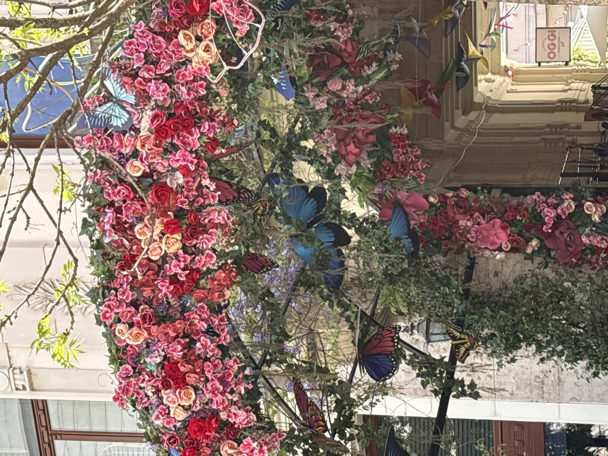 A vibrant, decorative archway, heavily adorned with artificial flowers and butterflies, dominates the left and central parts of the image. The arch is dense with red, pink, and cream-colored blooms, intertwined with green foliage. Numerous artificial butterflies, primarily in shades of blue, red, and yellow, are interspersed among the flowers and leaves.
The archway is set against a backdrop of architectural elements and natural tree branches. On the upper right, parts of a building facade are visible, featuring windows and what appears to be a light-colored wall or ceiling. Another section of a building, with a more rustic or stone-like texture, occupies the lower right. Bare tree branches with some sparse green leaves extend into the frame from the top and left, suggesting an outdoor setting.
On the upper right side of the image, a sign is visible, displaying the text "OGGI" in large letters, with "GELATERIA ITALIANA" written smaller beneath it, indicating a business. Colorful bunting and string lights can also be seen hanging near the sign.
The bright, natural illumination suggests it is daytime with clear weather. The overall scene conveys a festive, welcoming, and whimsical atmosphere, likely depicting a decorated street, courtyard, or entrance in Budapest, Hungary. No people are visible.