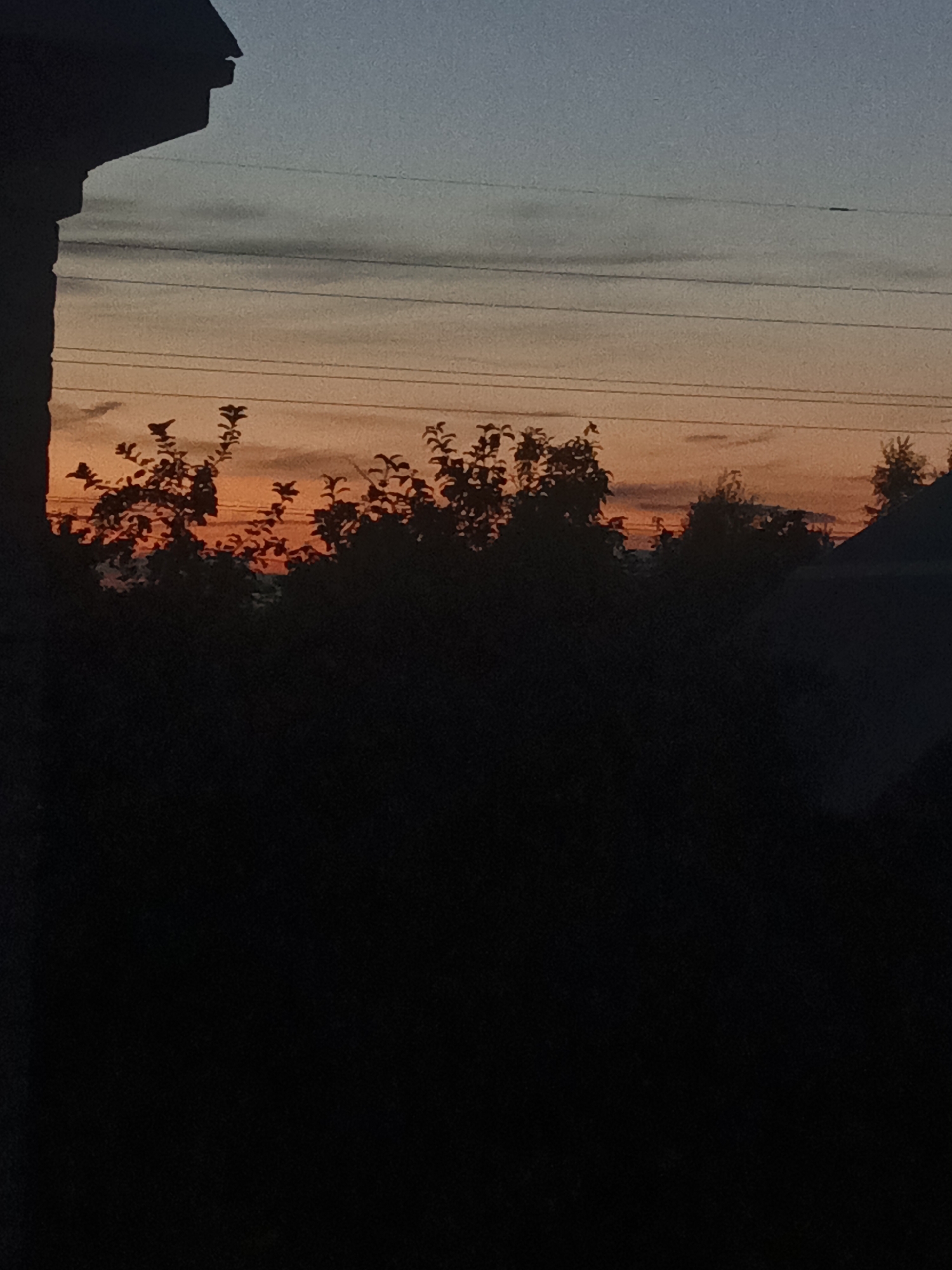 A silhouette of a building's overhang, possibly part of a house, is visible on the left side of the image. Below it, a cluster of dark foliage, appearing as trees or bushes, is silhouetted against a twilight sky. The sky transitions from a pale blue at the top to shades of orange and pink near the horizon, indicating sunset or sunrise. Several thin, dark horizontal lines, likely power lines, stretch across the sky. The lower portion of the image is entirely black, obscuring any ground details. The scene appears to be outdoors, possibly in a residential area, with the dark silhouettes suggesting it is dusk or dawn. There are no people or animals visible. This image was taken in the city of Shumerlya, Russia.
