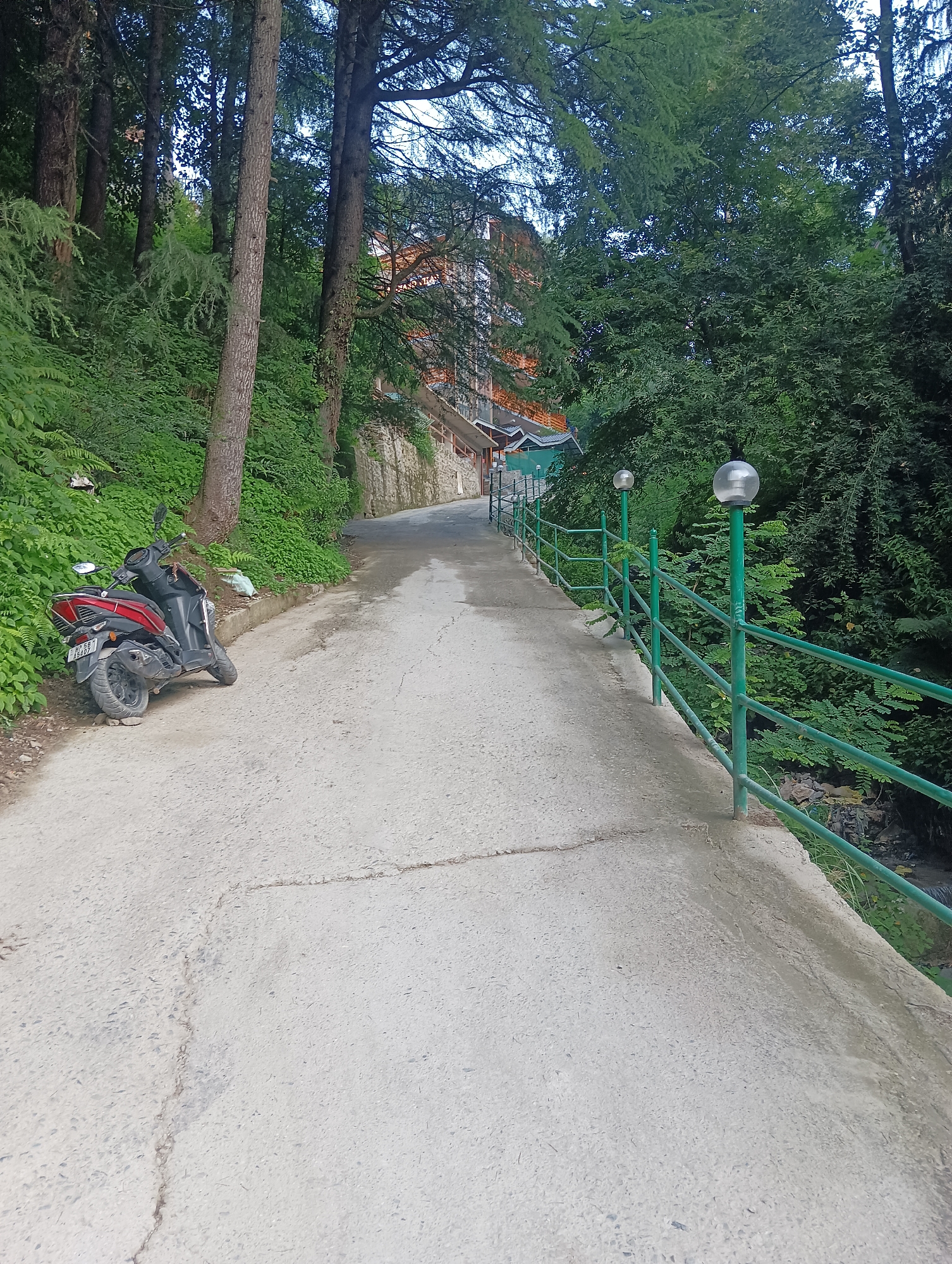 The image shows a paved pathway winding through a forested area, likely in Manali, India. On the left side of the path, a red and black scooter is parked. The pathway is bordered on the right by a green metal railing with spherical lamps mounted on posts. Lush green vegetation covers the slopes on either side of the path, with tall trees forming a canopy overhead. In the background, a multi-story building with red-tiled roofs is visible, partially obscured by the trees. The ground is a light-colored concrete surface with visible cracks and some debris. The overall scene suggests a quiet, natural setting within or near a populated area.