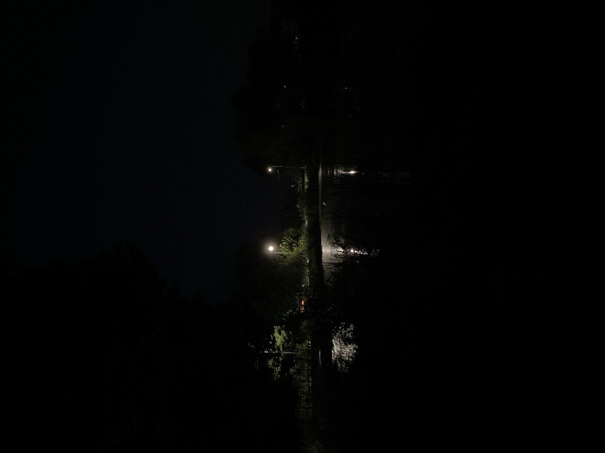 A dark, nighttime scene depicts a dimly lit path or road flanked by trees and vegetation. Two streetlights illuminate sections of the scene, casting pools of light on what appears to be a wet or reflective surface, possibly a road or a shallow body of water. The foreground is predominantly dark, with some reflections visible on the water. In the background, trees and dark foliage create a silhouette against the night sky. A faint red light, possibly from a vehicle's taillights, is visible in the distance on the left side of the image. The overall atmosphere is somber and quiet. The scene is set in Chaikovsky, Russia.