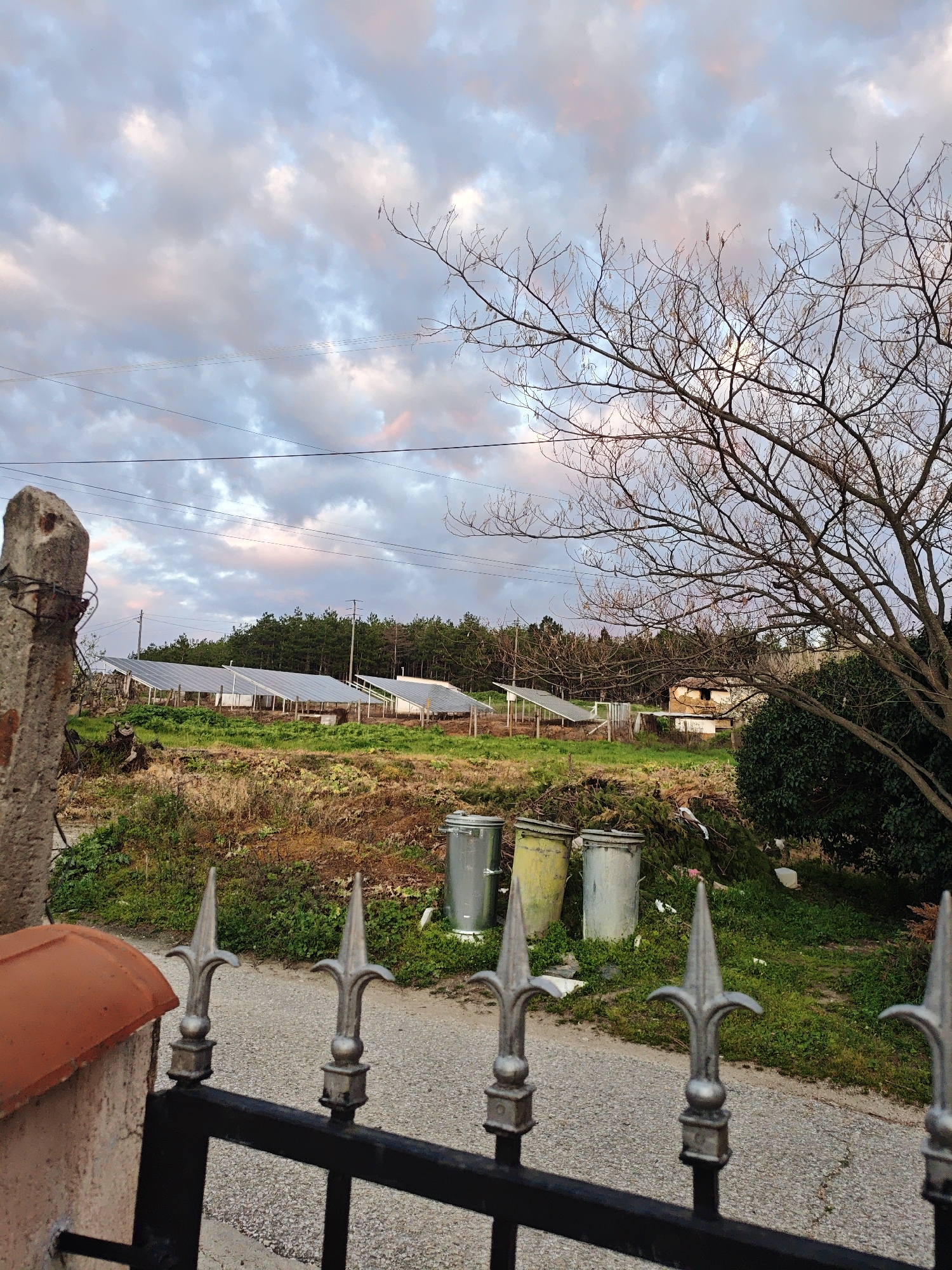 A view from behind a black metal fence shows a rural or semi-rural scene under a cloudy sky. Three metal trash cans sit on a grassy area behind the fence and a paved road. Further back, solar panels are visible in a field, with a line of trees on the horizon. A small, weathered building is present among the trees. A bare-branched tree stands to the right of the scene. A concrete post and a red tiled element are visible on the left side of the frame. The location is Unknown, Unknown.
