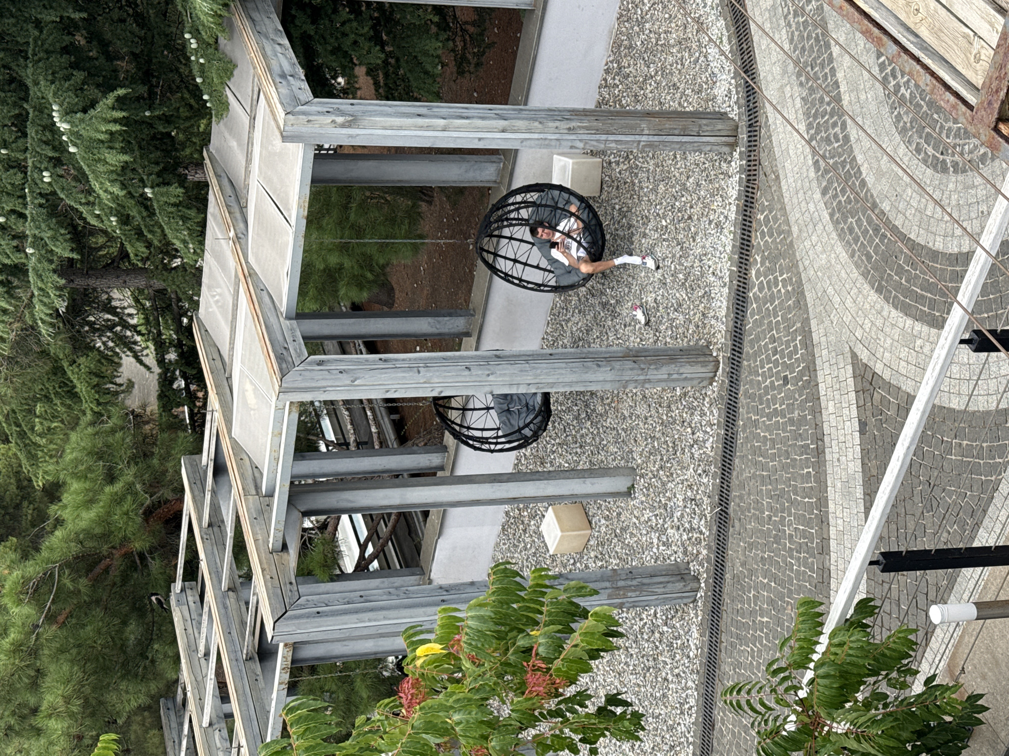 The image shows an outdoor seating area with a wooden pergola structure. Within the structure, there are two hanging egg chairs. One chair is empty and has a grey cushion inside. The other chair is occupied by a person wearing a white t-shirt and shorts, sitting with their legs crossed and looking at their phone. The ground beneath the pergola is covered in gravel. To the left of the chairs, a leafy plant with red seed pods is visible. In the background, there are pine trees. The area is paved with stone tiles in a curved pattern. There is a metal grate drain along the edge of the gravel area. The scene appears to be a public or resort area.