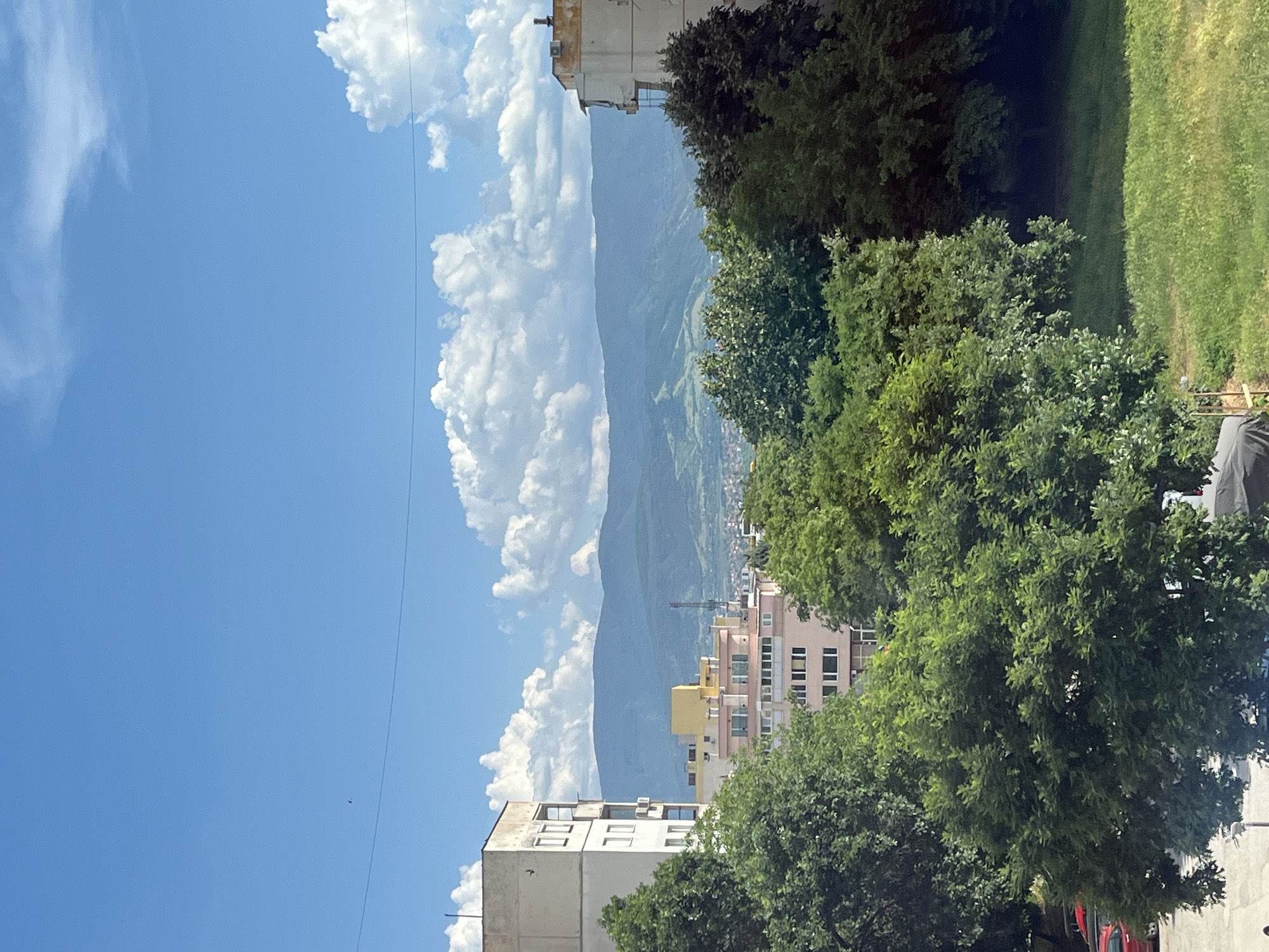 The image shows a view of buildings and trees with mountains in the background, under a blue sky with clouds. The scene appears to be an urban environment, likely in Plovdiv, Bulgaria, given the architecture of the buildings which are typical of mid-20th century socialist-era construction. In the foreground, dense green trees dominate the lower half of the image, with a patch of green grass visible on the right. Behind the trees, several buildings are visible. On the left, a light-colored, multi-story building with visible balconies and air conditioning units is present. To its right, a taller, pink building with multiple windows and balconies is situated. Further in the background, a hazy cityscape with more buildings and a visible telecommunications tower can be seen. The distant mountains are covered in greenery and shrouded in a light haze, suggesting a warm, clear day. A thin power line stretches across the upper portion of the image, and a small object, possibly a bird or drone, is visible in the sky on the left. No people are visible in the image.