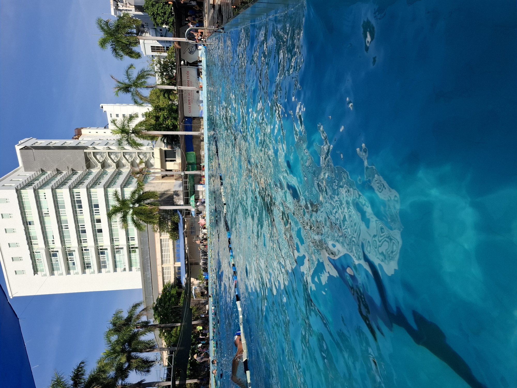 The image depicts an outdoor swimming pool at the Nha Trang Ward of Vietnam, likely a public or hotel facility, as suggested by the presence of palm trees, a tall white building in the background, and a sign that reads "GIẢI BƠI CÁC CHỦNG TỘC". The pool is filled with clear blue water, and lane markers divide it into sections. In the foreground, a swimmer is in mid-stroke, their body partially submerged as they propel themselves forward. The water is disturbed by their movement, creating ripples and reflections of the sunlight and surrounding structures. In the background, several people are visible, some standing by the pool's edge and others swimming. The environment is sunny with a clear blue sky.