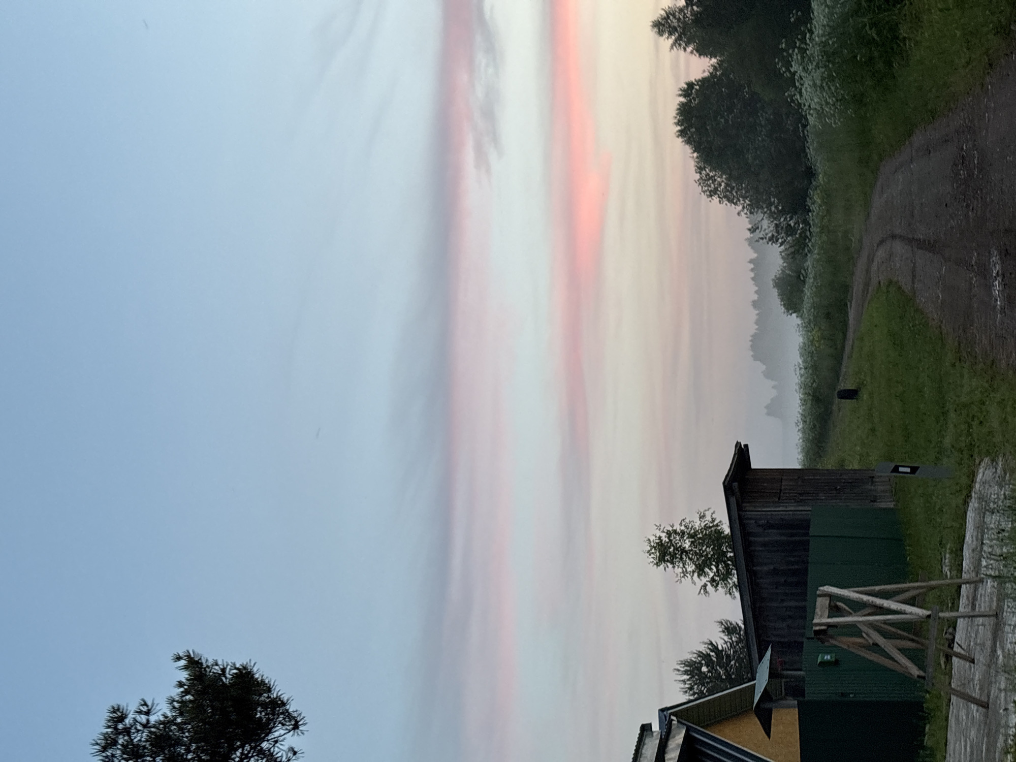 The image depicts a rural landscape at dawn or dusk, likely in Дресвяново, Russia. In the foreground, to the left, a section of a yellow house with a dark roof is visible, adjacent to a dark wooden shed with a corrugated metal roof. A green fence runs along the property line, and a wooden A-frame ladder is positioned on a concrete path. A dirt road curves through a grassy area dotted with white wildflowers, leading towards a line of dark trees shrouded in mist in the background. The sky displays a gradient of pale blue and soft pink, indicative of the twilight hours. There are no people or animals visible in the frame.