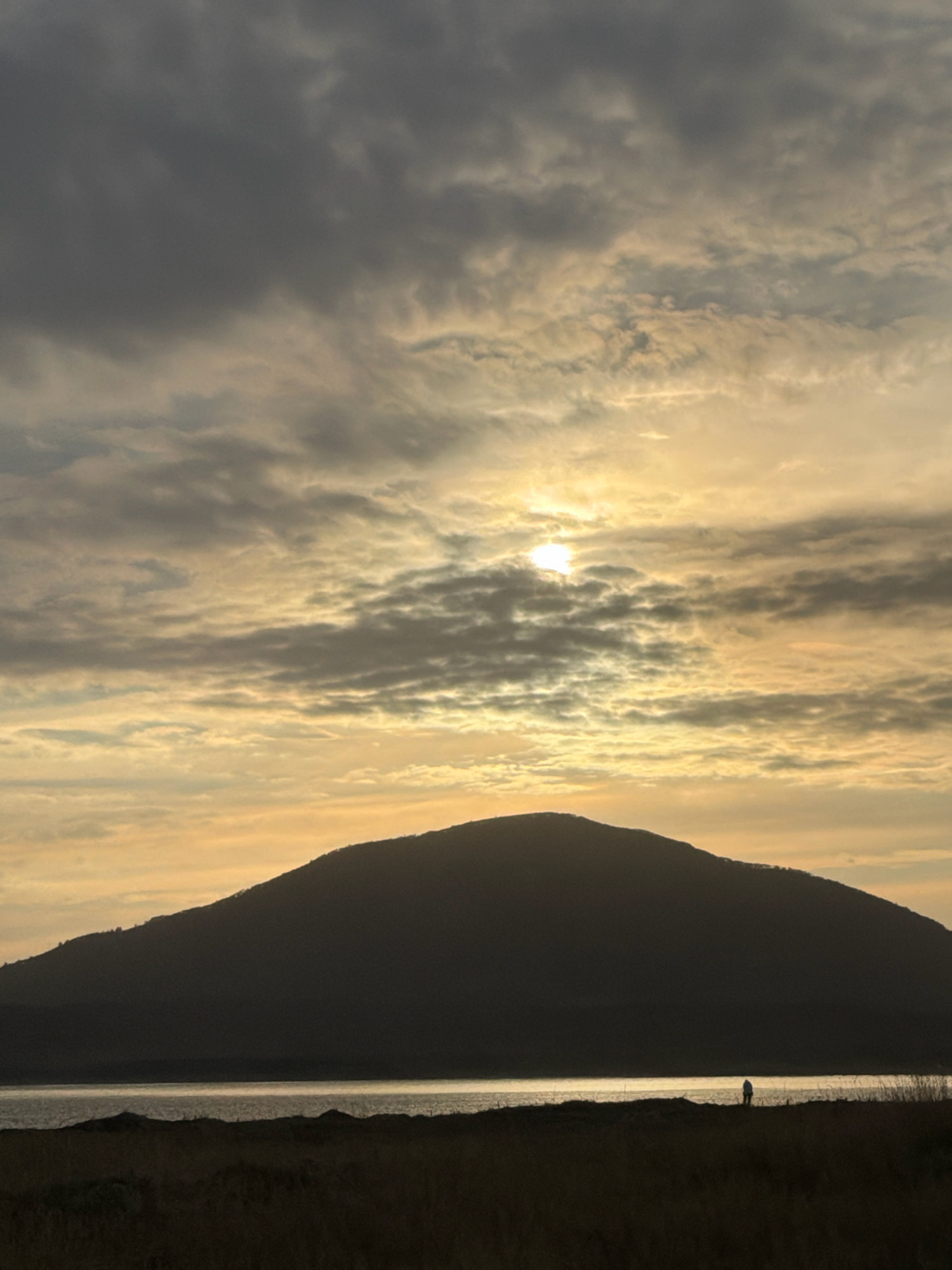 A silhouetted mountain range dominates the background of the image, with a body of water reflecting the soft, diffused light of a cloudy sunset. The sky is a mix of dark gray and pale yellow, with the sun partially obscured by the clouds. In the foreground, dry grasses and reeds create a textured landscape. A lone, small human figure stands on the shoreline, facing the water and the mountain. The overall impression is one of solitude and natural beauty. The image appears to be taken in Yuzhno-Kurilsk, Russia, a location known for its dramatic volcanic landscapes and coastal scenery.