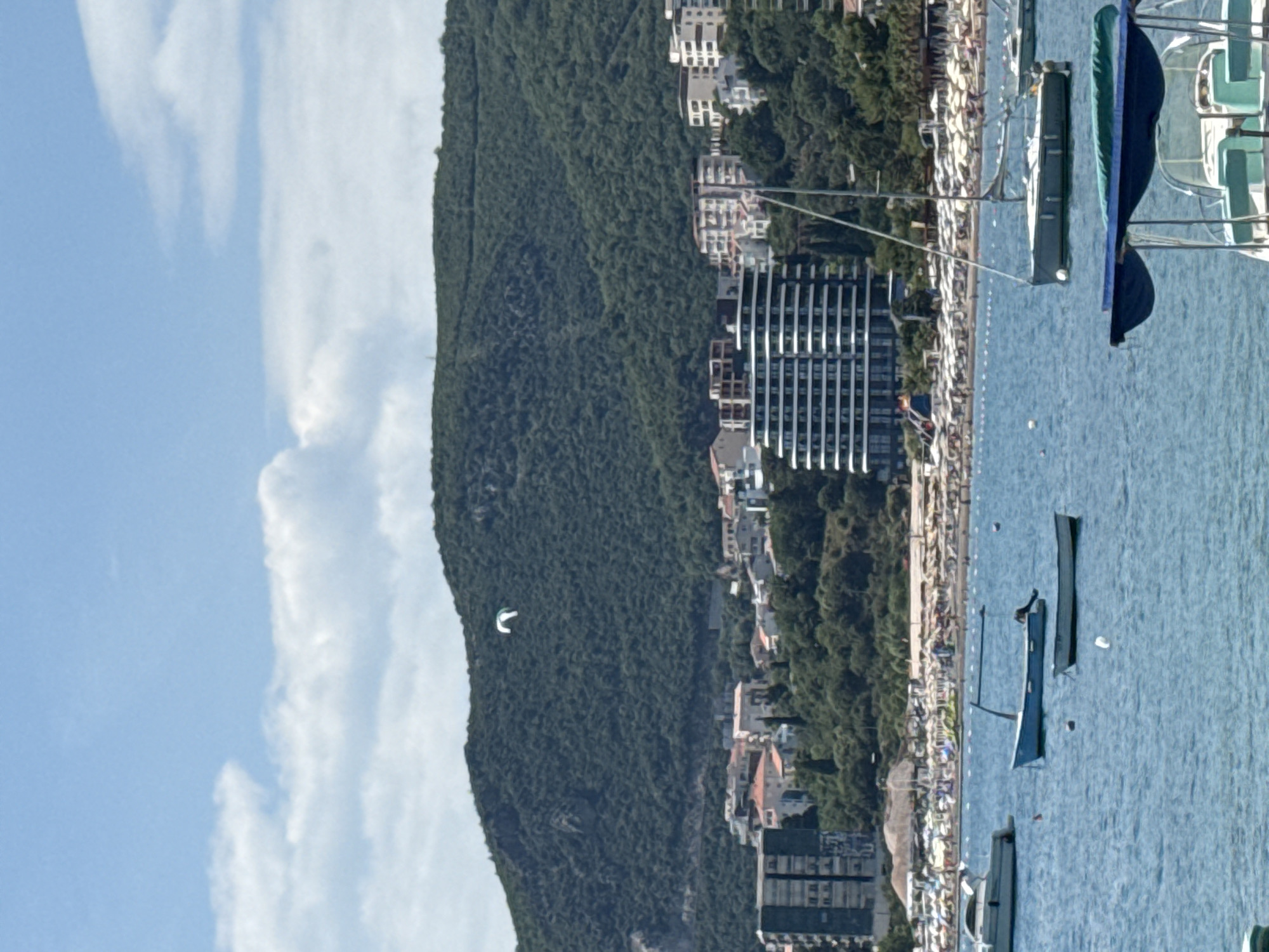 A scenic view of the Rafailovići, Montenegro coastline on a clear, partly cloudy day. The foreground is dominated by the blue sea with several boats of various sizes and designs. A large boat with a blue canopy is in the lower right corner, a sailboat with a grey hull and white mast is in the middle right, and two smaller boats, one blue and one white, are closer to the left. In the middle ground, a bustling beach is visible, lined with numerous white umbrellas and loungers. Behind the beach, a densely forested green hill rises, dotted with buildings that form the town of Rafailovići. These buildings include modern hotels and apartment complexes, as well as older residential structures with red-tiled roofs. A single white bird is captured in mid-flight against the vast expanse of the sky and the green hillside. The overall impression is one of a popular tourist destination, blending natural beauty with urban development.