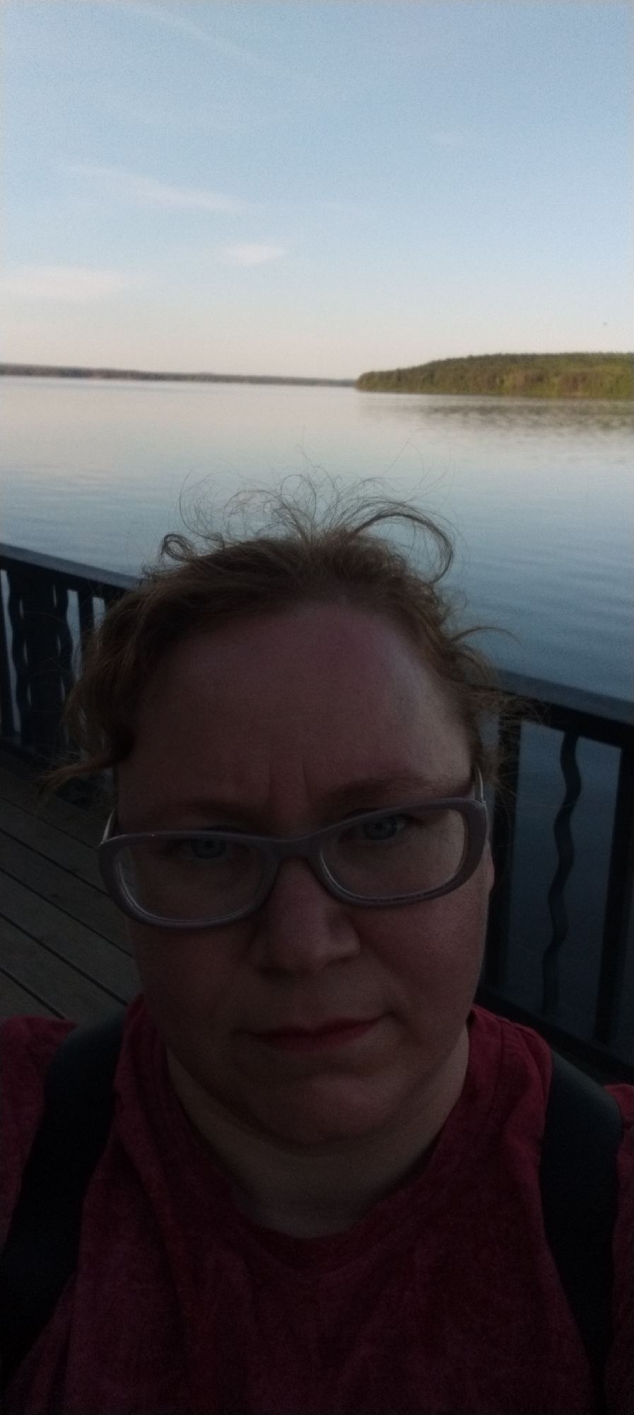 A selfie, taken from below, shows a woman with fair skin, wearing glasses and a red t-shirt, against a backdrop of a large body of water. A dark wooden railing is partially visible in the mid-ground. Beyond the railing is a lake with a shoreline visible in the distance, topped with trees. The sky is light blue and cloudless. The location is Chaikovsky, Russia.