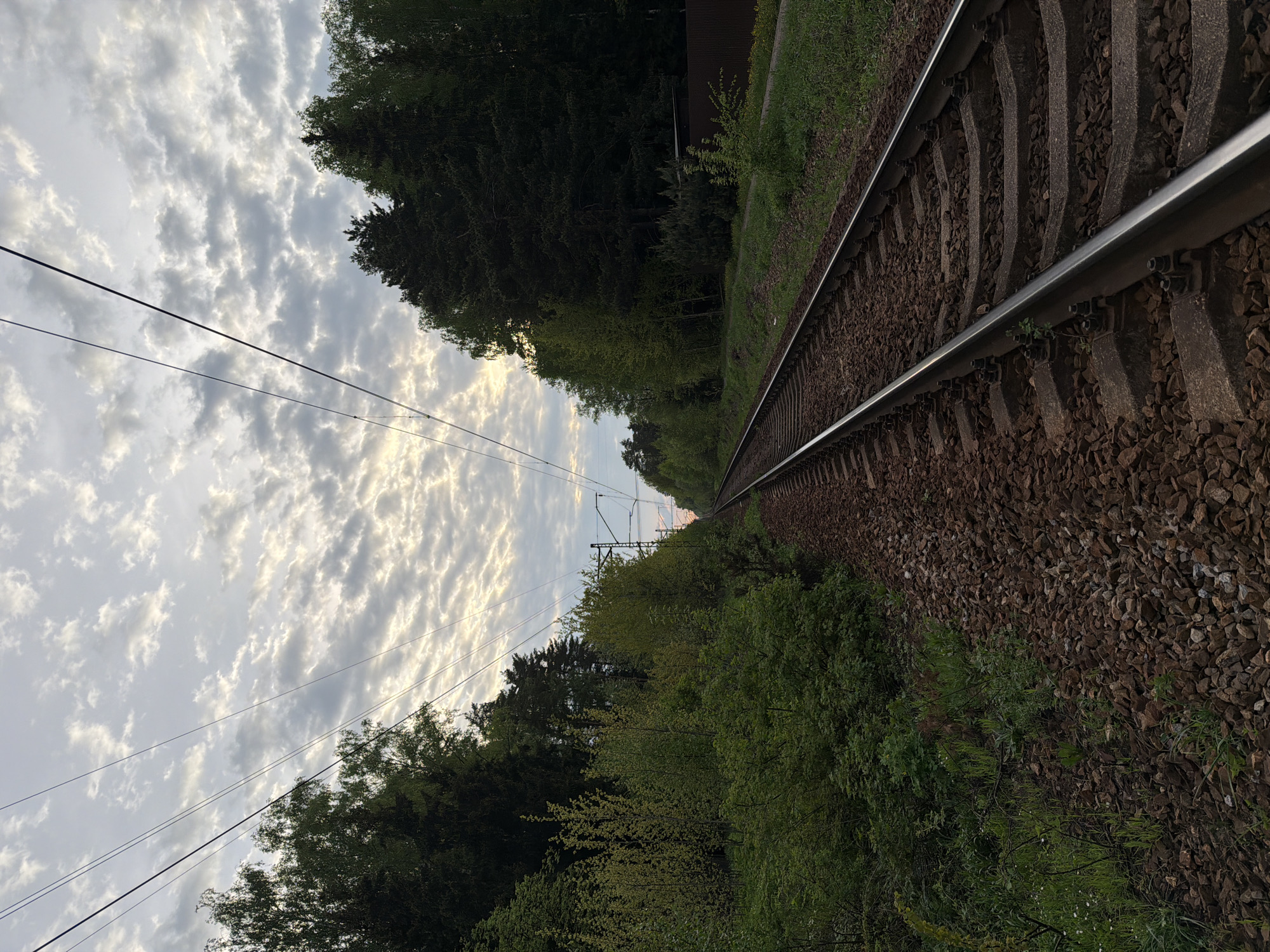 The image depicts a railway track receding into the distance under a sky filled with textured clouds. The perspective is along the tracks, with the rails converging towards a vanishing point in the center. The tracks are flanked by ballast rocks and vegetation, including trees and bushes, along both sides. Overhead power lines are visible against the sky. The location is in the city of Unknown, Unknown.