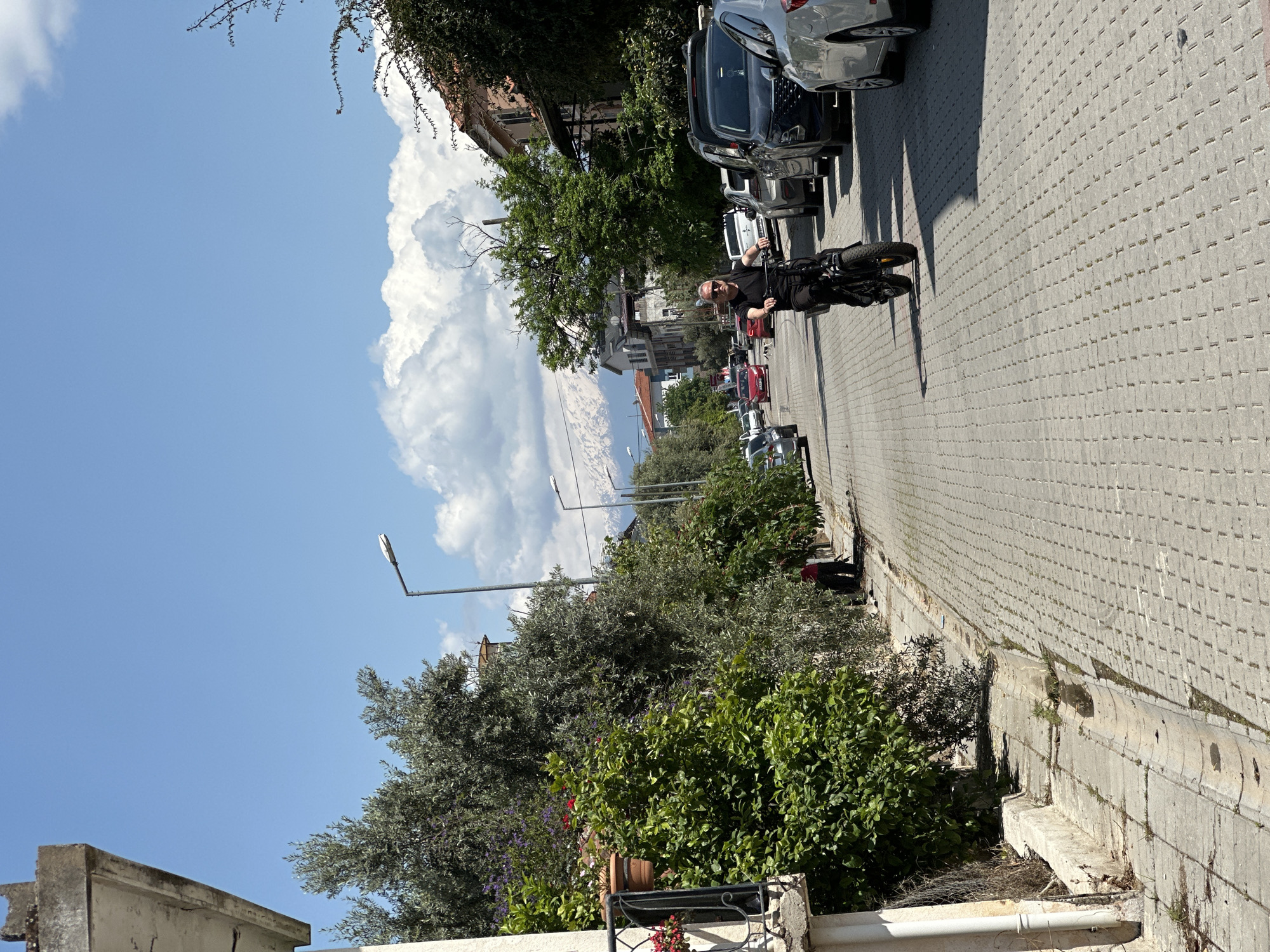 A man is riding a black electric bicycle down a tree-lined street in Fethiye, Turkey. The street is paved with gray stones and lined with parked cars. Lush green trees and bushes grow along the sidewalk. In the background, a large white cloud formation dominates the blue sky, with a glimpse of distant mountains beneath the clouds. The scene is well-lit with bright daylight.