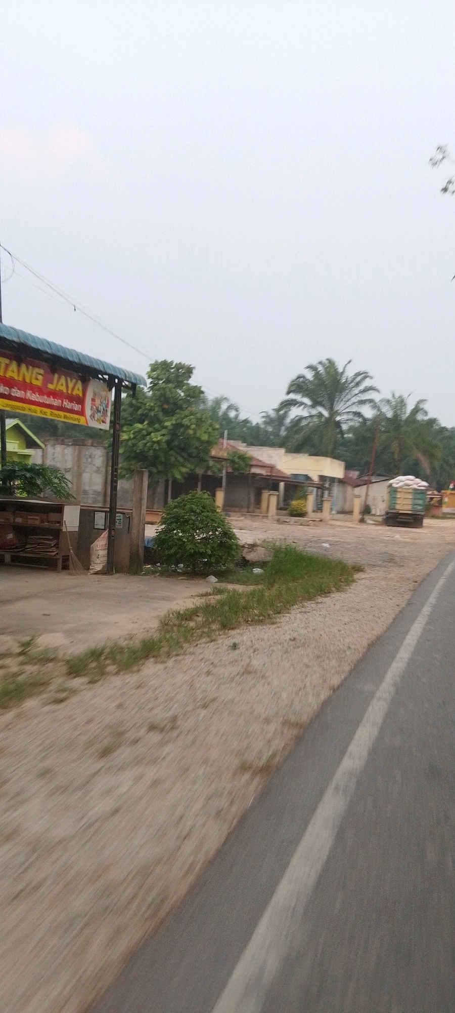 The image captures a street scene in Lenggadai Hulu, Indonesia, likely during daylight hours. The perspective suggests the photo was taken from a moving vehicle, indicated by the motion blur in the foreground. On the left, a sign reads "TANG JAYA" followed by smaller text that includes "dan Kebutuhan Harian" (and Daily Needs), suggesting a shop or market. In front of the shop, there are shelves with items and a broom leaning against a pillar. A small tree with white flowers is visible in front of a building further back. To the right, a truck loaded with sacks is parked. The environment appears to be semi-urban or rural, with palm trees visible in the background, indicative of a tropical climate. The road itself has a white line marking, and the shoulder is covered with gravel and sparse grass. The sky is overcast, creating a soft, diffused light.