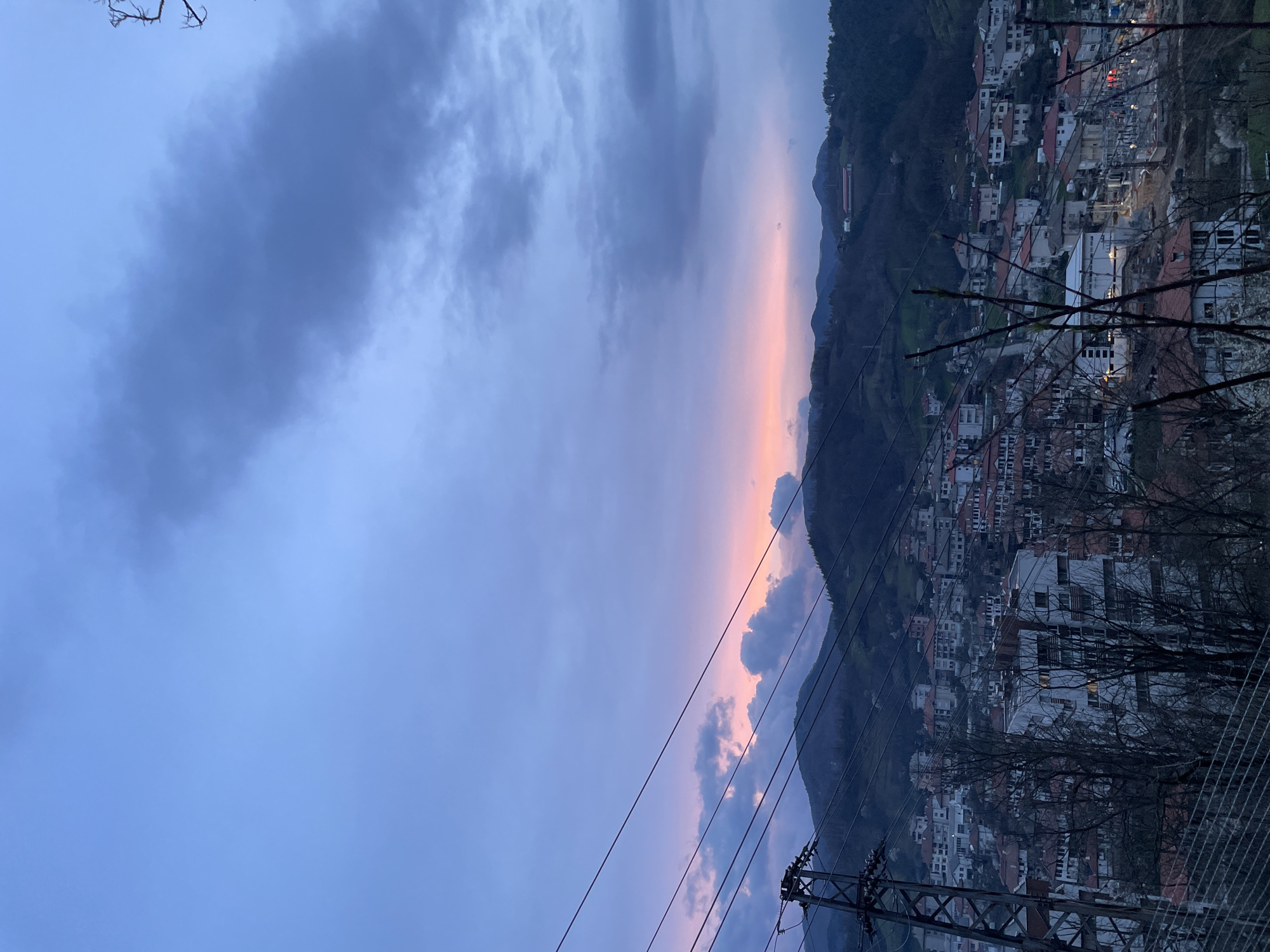 The image shows a landscape in Zlatograd, Bulgaria during twilight. In the foreground is a utility pole with power lines. Behind that, is a town nestled on a hillside. The sky transitions from a blue hue to an orange and pink glow near the horizon, with dark clouds above. A forested mountain ridge forms the backdrop. A few bare trees are visible in the foreground. The image is rotated 90 degrees clockwise.
