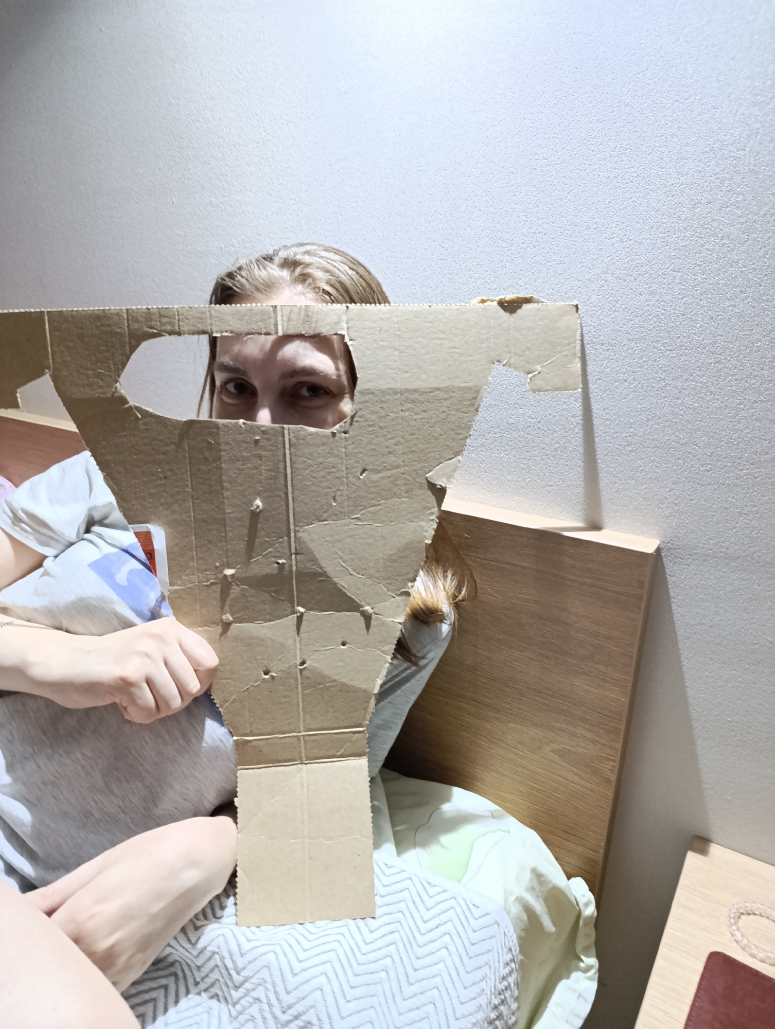 A fair-skinned person with blonde hair is sitting in a bed with a light wood headboard in a room with a light-colored wall. The person is holding a piece of torn, corrugated cardboard in front of their face, using a roughly-cut hole in the cardboard to frame their eyes. The person is wearing a light gray t-shirt and is surrounded by light-colored bedding with a geometric pattern. A bedside table with a small object on top is visible in the lower right corner of the frame. The location is Chaikovsky, Russia.