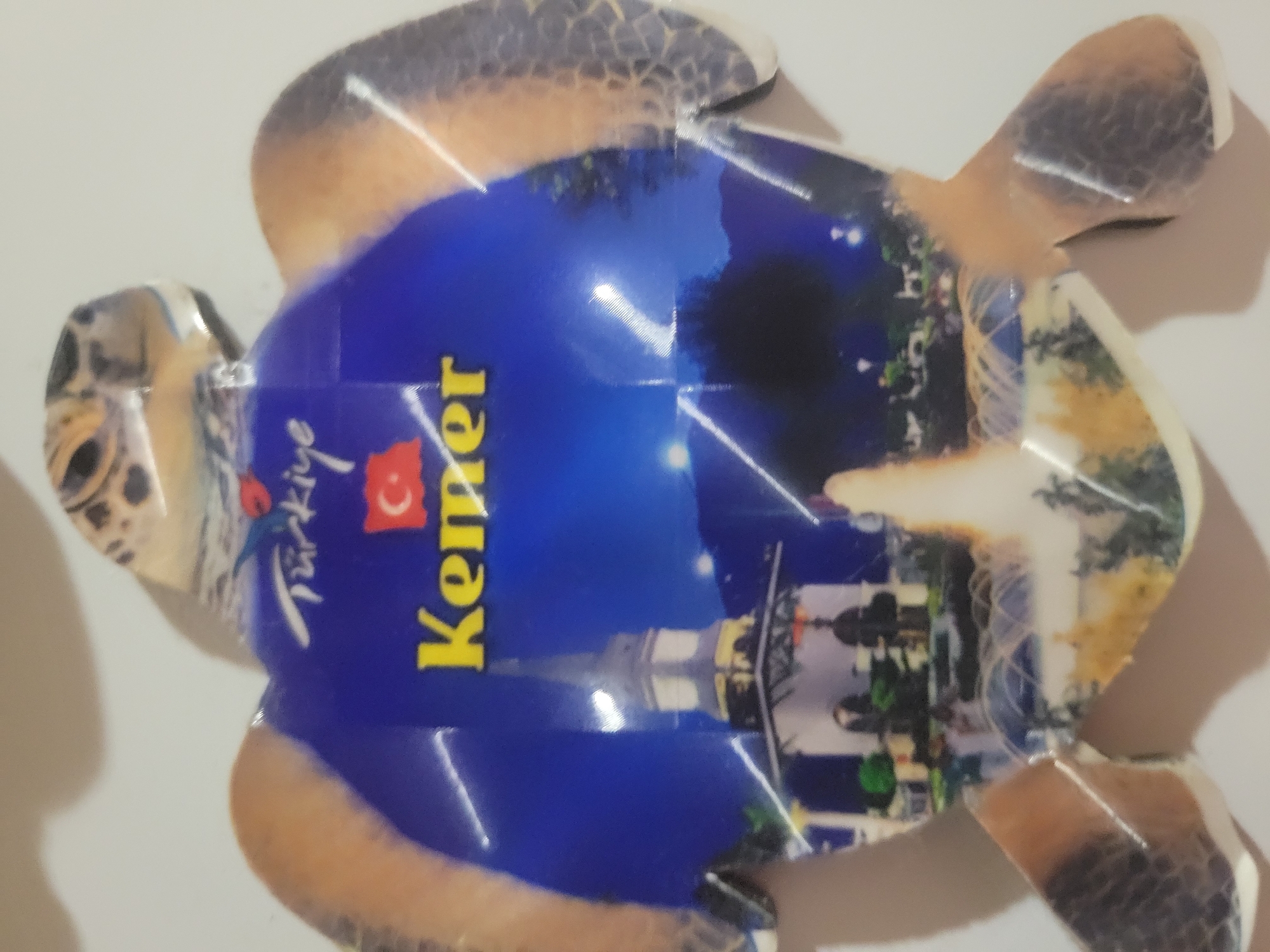 The image shows a turtle-shaped souvenir magnet with a picture of a mosque and fountain on it. The text on the magnet reads "Türkiye" and "Kemer". The background is a night scene with a blue sky, stars, and city lights. There is no information in the image that suggests a connection to Belaazyorsk, Belarus.