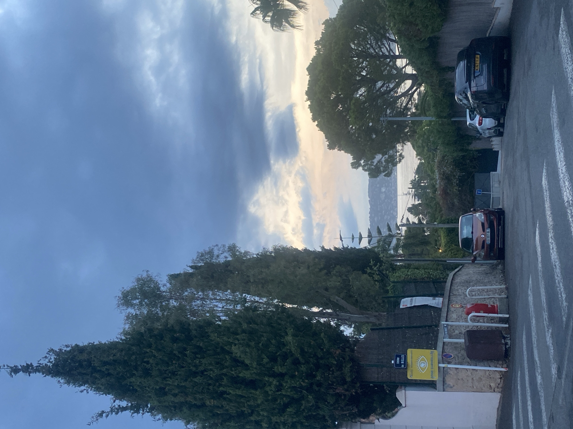 A street scene in Antibes, France, is depicted under a cloudy sky, suggesting it's either early morning or late evening. The perspective is from a pedestrian crossing, looking up a slightly inclined road. On the left, a large, dark green cypress tree dominates the foreground, next to a white building with a textured facade. Adjacent to the building is a stone wall with a sign indicating "CHEMIN des MIELLES" and a yellow sign featuring an eye symbol and the text "ZONE SURVEILLÉE" (Surveillance Zone). Below the signs are a brown metal bin and a red fire hydrant with a white rack.
Further up the road, a red Renault Clio is parked, and beyond that, a white vehicle and a black Tesla Model S are also parked. The road is bordered by lush greenery and trees, including a large pine tree on the right. In the background, a body of water, likely the Mediterranean Sea, is visible, with a distant coastline and buildings. The overall atmosphere is serene, with the overcast sky casting a subdued light on the scene. There are no people visible in the image.