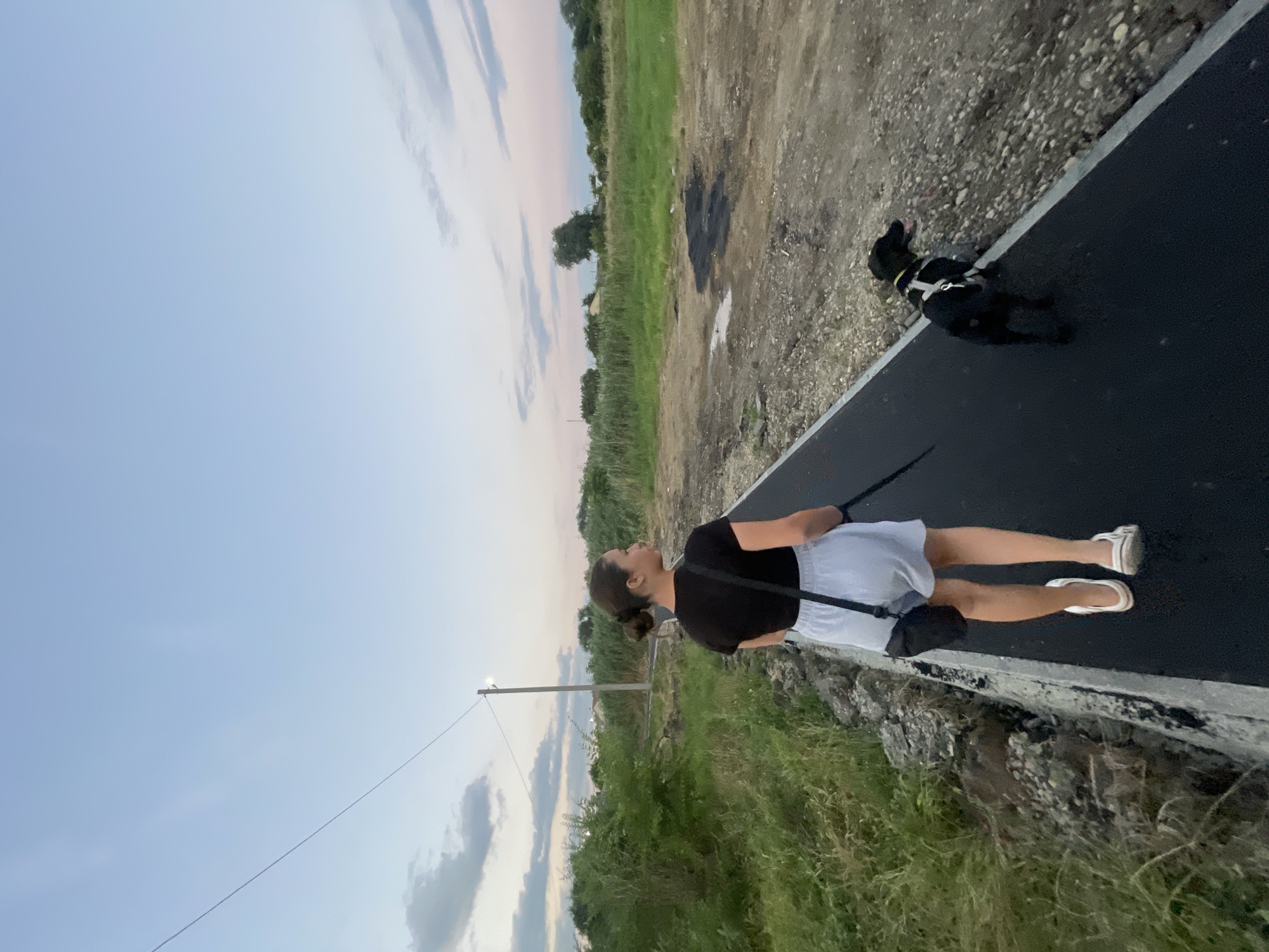 A young woman with dark hair pulled back in a bun is walking on a dark paved path with her black dog. She is wearing a black t-shirt and light-colored shorts, with a small black bag slung across her body. The dog is wearing a harness and is on a leash. They are walking away from the camera, on a path that appears to be newly paved, with rough ground and vegetation on either side. The scene takes place outdoors in a rural or semi-rural area, with a large expanse of sky overhead, featuring light clouds. In the background, there are trees and some distant buildings, suggesting a town or village. The lighting suggests it is either early morning or late evening. This location is the city of Donskoye, Russia.