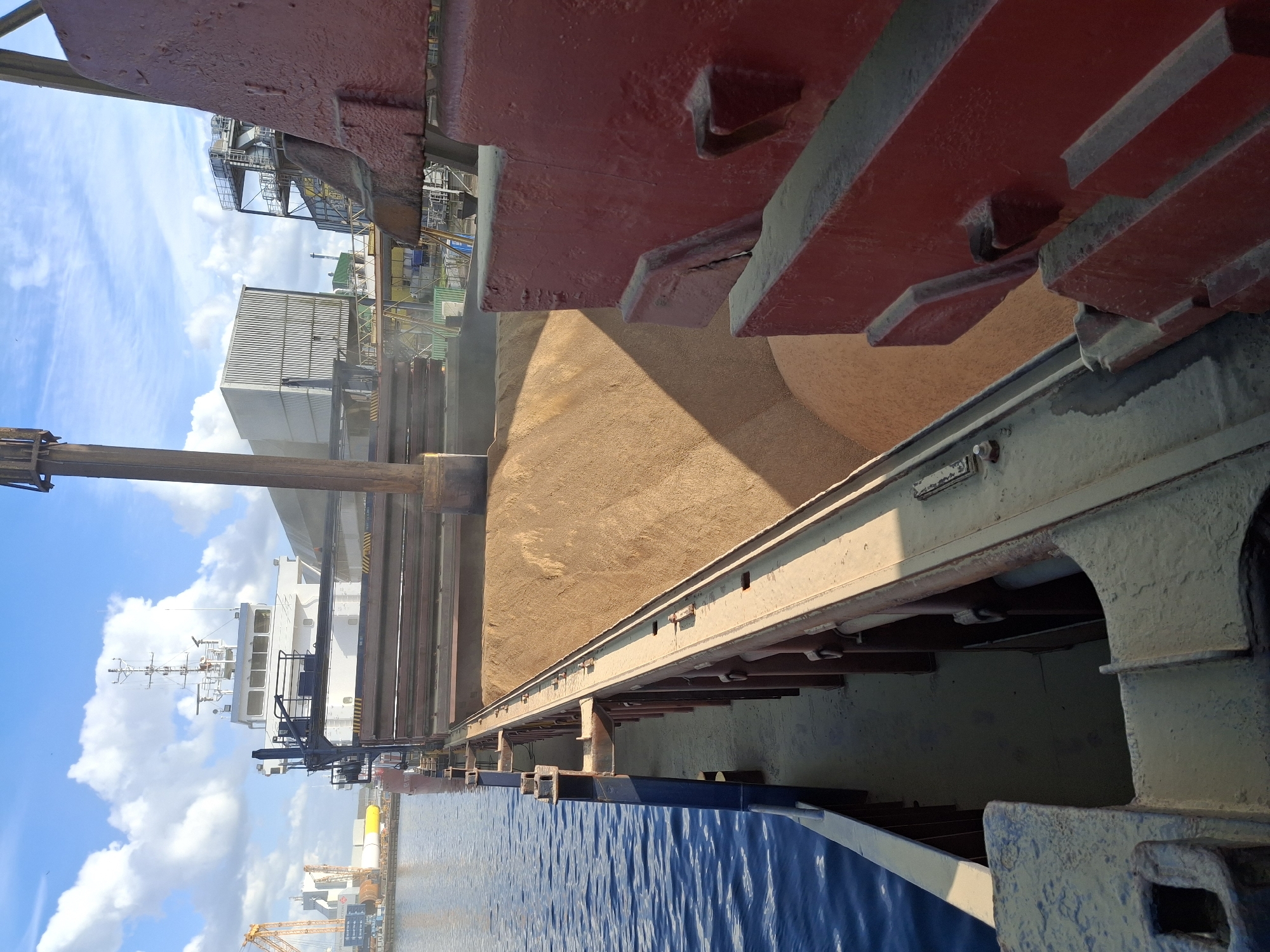 The image depicts the interior of a cargo ship being loaded with grain, possibly in Rostock, Germany, given the presence of port infrastructure in the background. The cargo hold is filled with a large mound of tan-colored grain, reaching close to the top of the hold. Metal structures, painted in red and grey, frame the cargo hold, indicating the ship's construction. Outside the ship, the water of the harbor is visible, as well as cranes and industrial buildings characteristic of a port city. A ship is visible in the background. The sky is blue with scattered clouds.