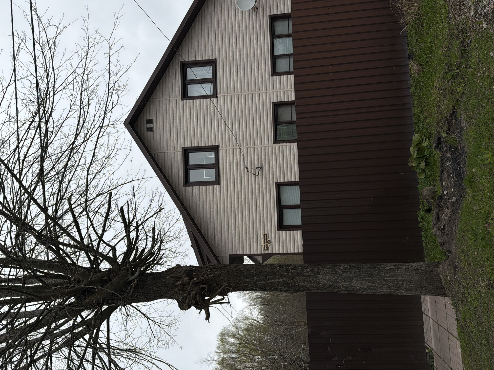 A photograph depicts a building with a pointed roof, likely located in Reshetnikovo, Russia. The building's exterior is predominantly covered in light-colored vertical siding, contrasted by dark brown trim around the windows and roofline. Three windows are visible on the upper level, and two on the lower level, arranged vertically. The right side of the building is obscured by brown corrugated metal siding.
A large, bare tree dominates the left side of the frame. The tree's trunk is thick and weathered, with numerous branches extending outwards. A satellite dish is mounted on the side of the building.
The immediate foreground features green grass and a dirt area adjacent to the building. A glimpse of a pathway or sidewalk is visible below the tree trunk. The sky is overcast and gray.