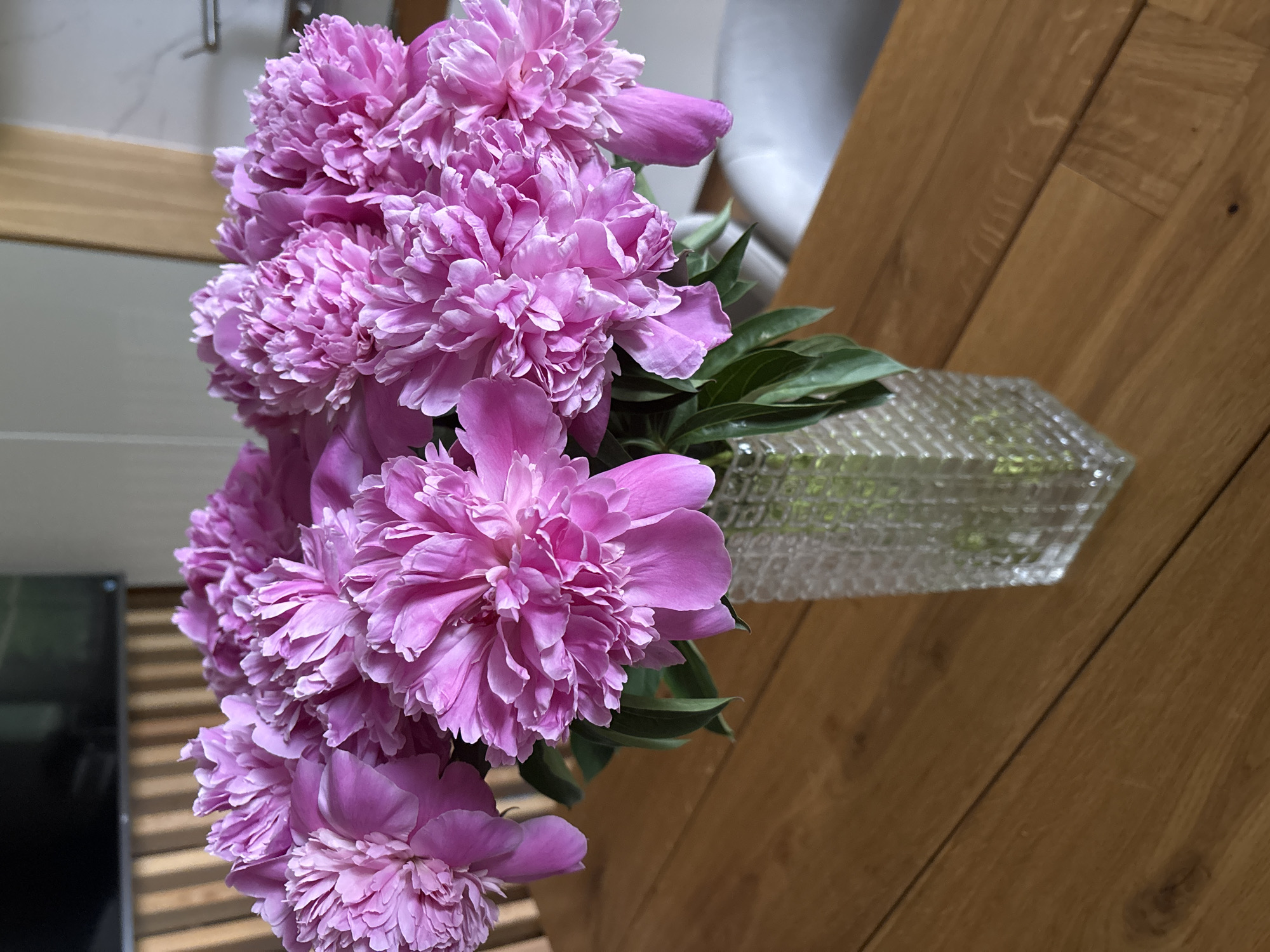 A vase of pink peonies sits on a wooden table. The location is not identifiable as Chaikovsky, Russia from the visual information provided.