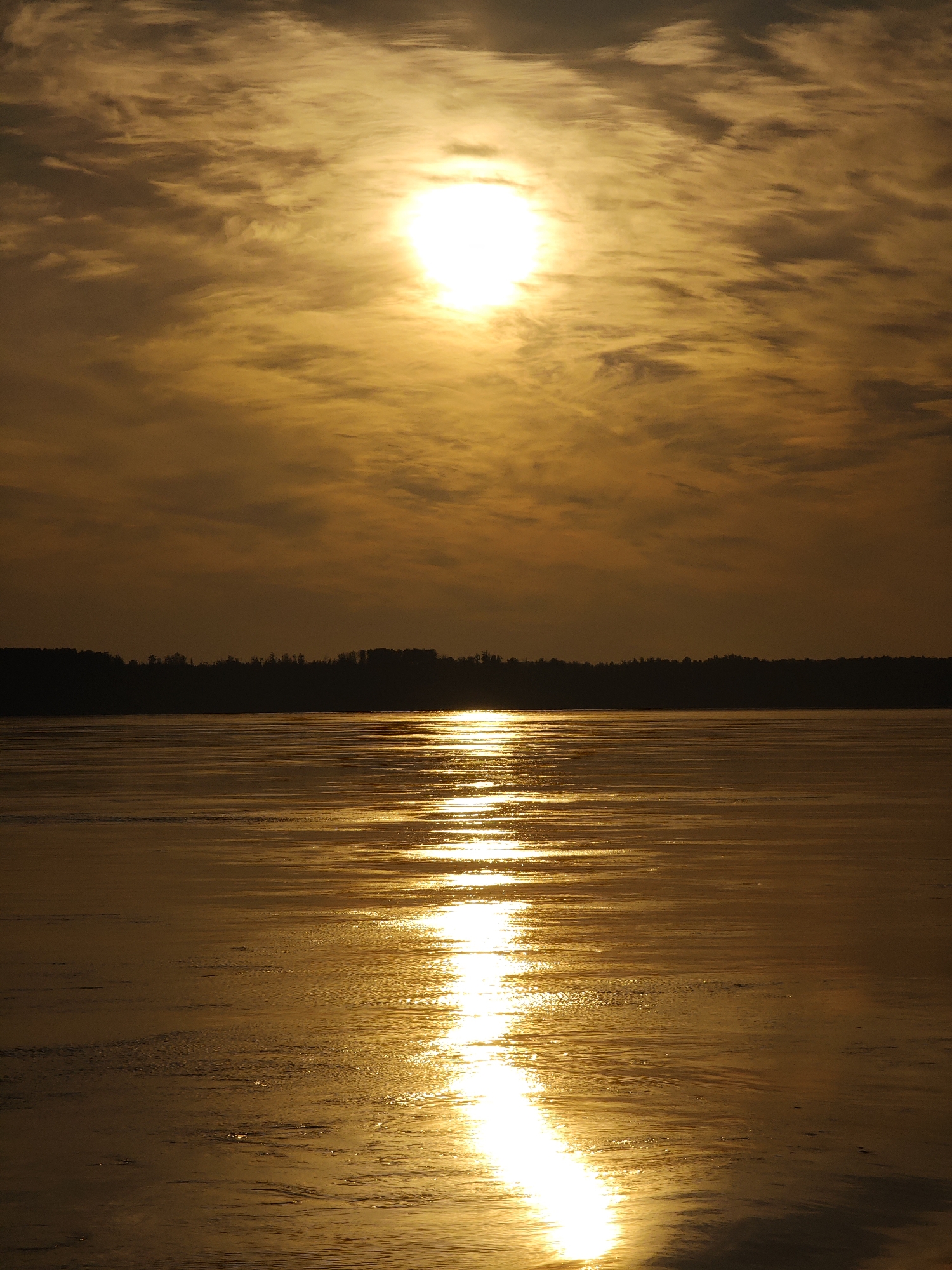 A vertical, eye-level shot captures a golden sunset over a frozen lake in Novonazimovo, Russia. The sun, a bright white orb, is positioned in the upper center of the frame, casting a warm, orange glow across the sky. Wispy clouds, tinged with gold and amber, are scattered across the horizon, creating a textured backdrop for the sun. The frozen surface of the lake reflects the intense light of the sunset, creating a shimmering path of gold that stretches from the horizon towards the viewer. The distant shoreline is silhouetted against the bright sky, appearing as a dark, undulating line of trees. The overall impression is one of serene natural beauty, with the warm hues of the sunset dominating the scene.