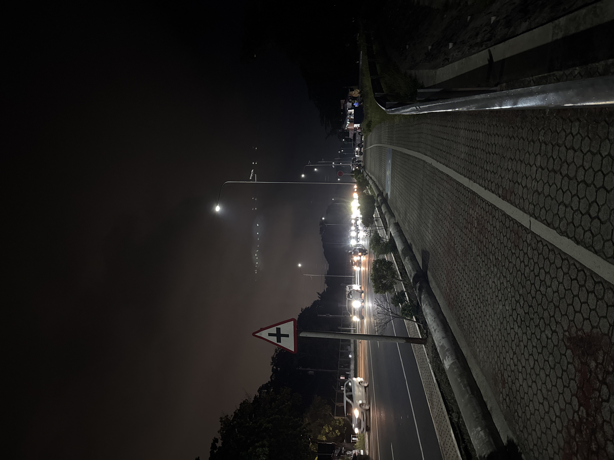 The image, when correctly oriented, captures a nighttime scene of a road and an adjacent pathway in Davao City, Philippines. The multi-lane road is active with vehicular traffic, evidenced by the light trails from moving cars' headlights and taillights. The asphalt road surface appears wet, creating reflective gleams from the numerous streetlights and vehicle lights.
To the right, a wide pathway paved with dark, interlocking hexagonal blocks runs parallel to the road. It is bordered by a metal guardrail separating it from the roadway. A blue square marking with a white symbol, possibly indicating a specific use like parking or a dedicated path for pedestrians/bicycles, is visible on this pavement. Tall streetlights illuminate the area, contributing to a slight hazy glow in the night air, possibly due to humidity or light pollution.
On the left side of the road, a slope covered with dark trees and vegetation is visible. A triangular road sign with a red border and a black cross symbol, typically denoting an intersection or crossroads, stands prominently on a pole near the foreground. The overall scene conveys the bustling atmosphere of an urban or semi-urban thoroughfare at night, marked by artificial light sources and the movement of vehicles. No people are explicitly visible in the frame. The wet road surface suggests recent rainfall or high humidity.