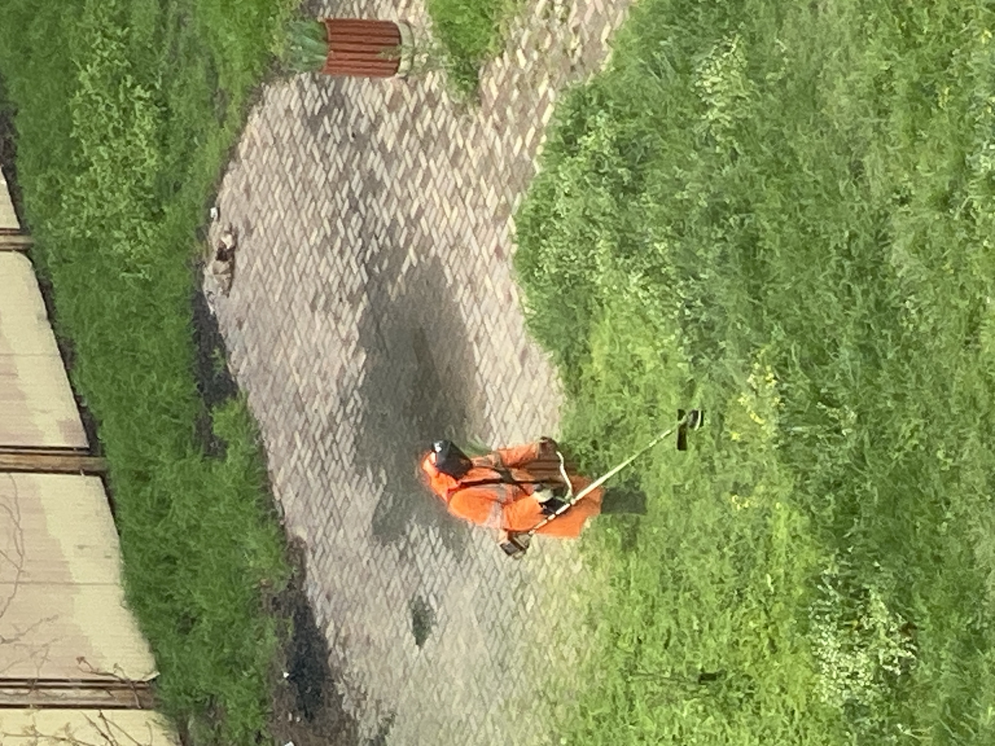 A top-down shot shows a person in an orange jumpsuit and dark hard hat using a string trimmer. The person is standing on a stone pathway cutting grass. The pathway is surrounded by green grass. A fence borders the left edge of the image. A small stone bench sits at the edge of the pathway.