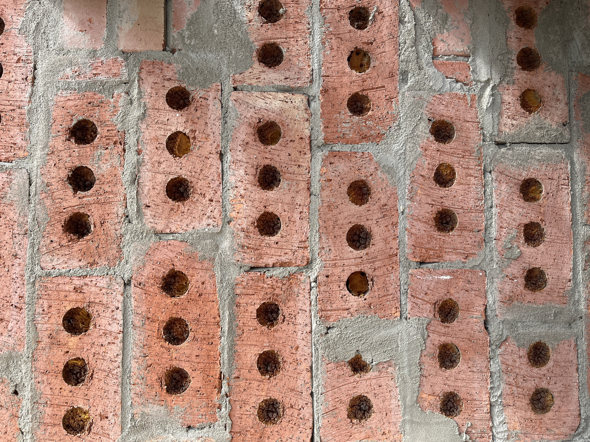 The image shows a close-up, head-on view of a brick wall under construction. The bricks are a reddish-orange color and have a textured, rough surface. Each brick contains four circular holes, which appear to be filled with a darker material. The bricks are laid in horizontal courses, with mortar filling the gaps between them. The mortar is a light gray color and appears to be freshly applied, with some areas showing excess material. The lighting is bright and even, suggesting an outdoor scene. The image is tightly cropped, focusing entirely on the texture and pattern of the bricks and mortar. There are no people, animals, or any other objects visible in the frame, and no identifying landmarks or context are provided to suggest a specific location in Moscow, Russia.