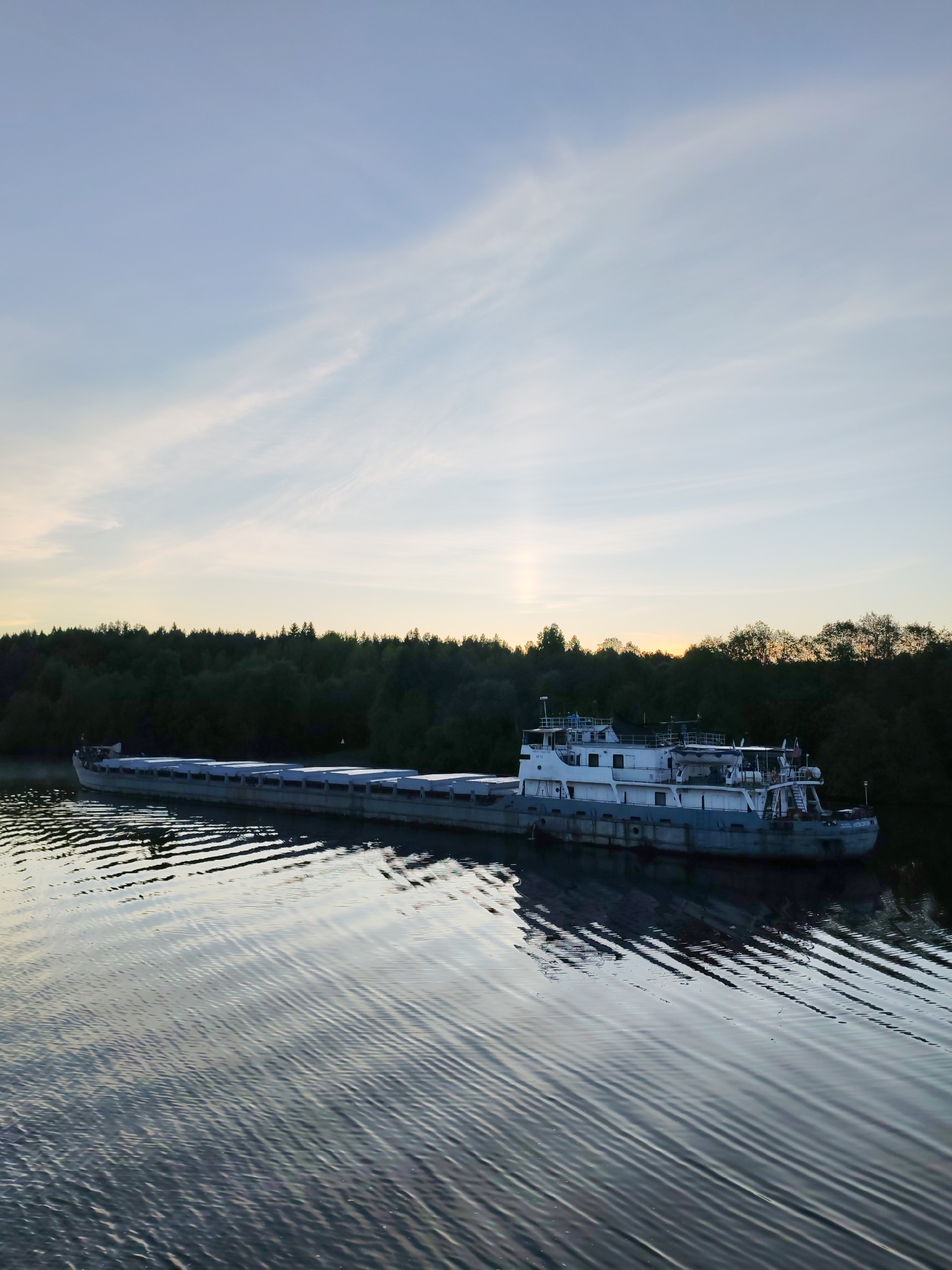 The image captures a long, flat-bottomed cargo barge traversing a tranquil waterway, likely during either dawn or dusk. The vessel, painted in white and grey, features a multi-deck cabin structure positioned towards its stern. Along its considerable length, several rectangular hatches, presumably covering cargo holds, are visible, some appearing to be covered. The water beneath and around the barge displays distinct, elongated ripples, suggesting a gentle current, the vessel's slow movement, or a light breeze.
The far bank of the river or canal is densely covered by a dark, lush forest, silhouetted against the horizon. The sky above transitions from a pale blue at the top to soft yellow and light grey hues near the horizon, indicative of the low sun. Wispy, thin clouds are scattered across the sky. The overall lighting is soft and diffused, contributing to a tranquil and peaceful atmosphere. No people are visible in the image.
Visible text on the stern of the barge reads "МИХАИЛ ПАВЛОВ" (MIKHAIL PAVLOV), and the code "МР 712" is seen on the side of the cabin. This scene is located in Volokov Most, Russia.