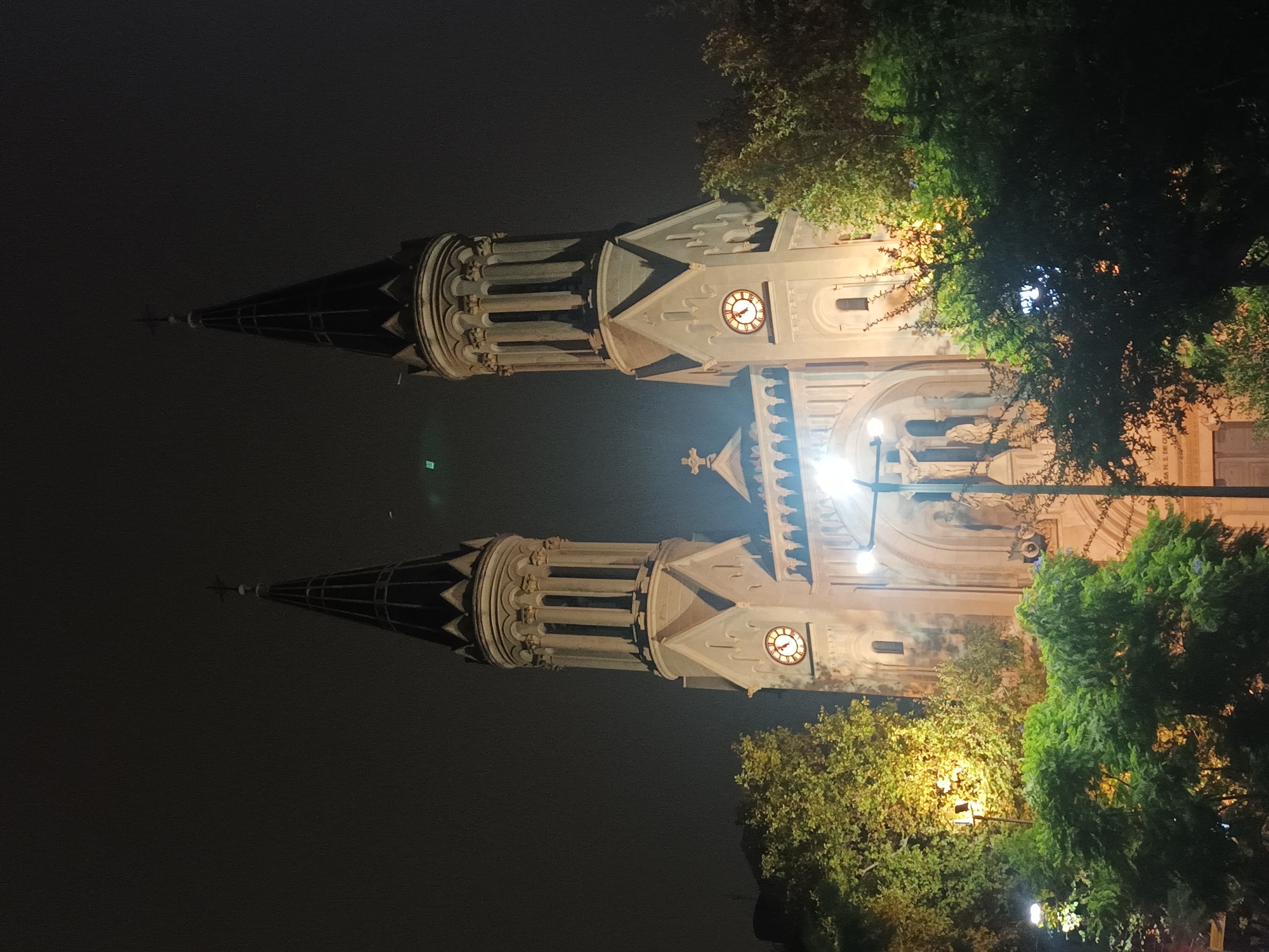 The image shows a nighttime view of the Basilica of Our Lady of the Rosary, located in Buenos Aires, Argentina. The church's facade is illuminated, highlighting its architectural details, including its two towers with clock faces. Trees surround the church, with leaves visible against the illuminated facade. The sky is dark. A reflected identical structure appears above the church, as though in a mirror.