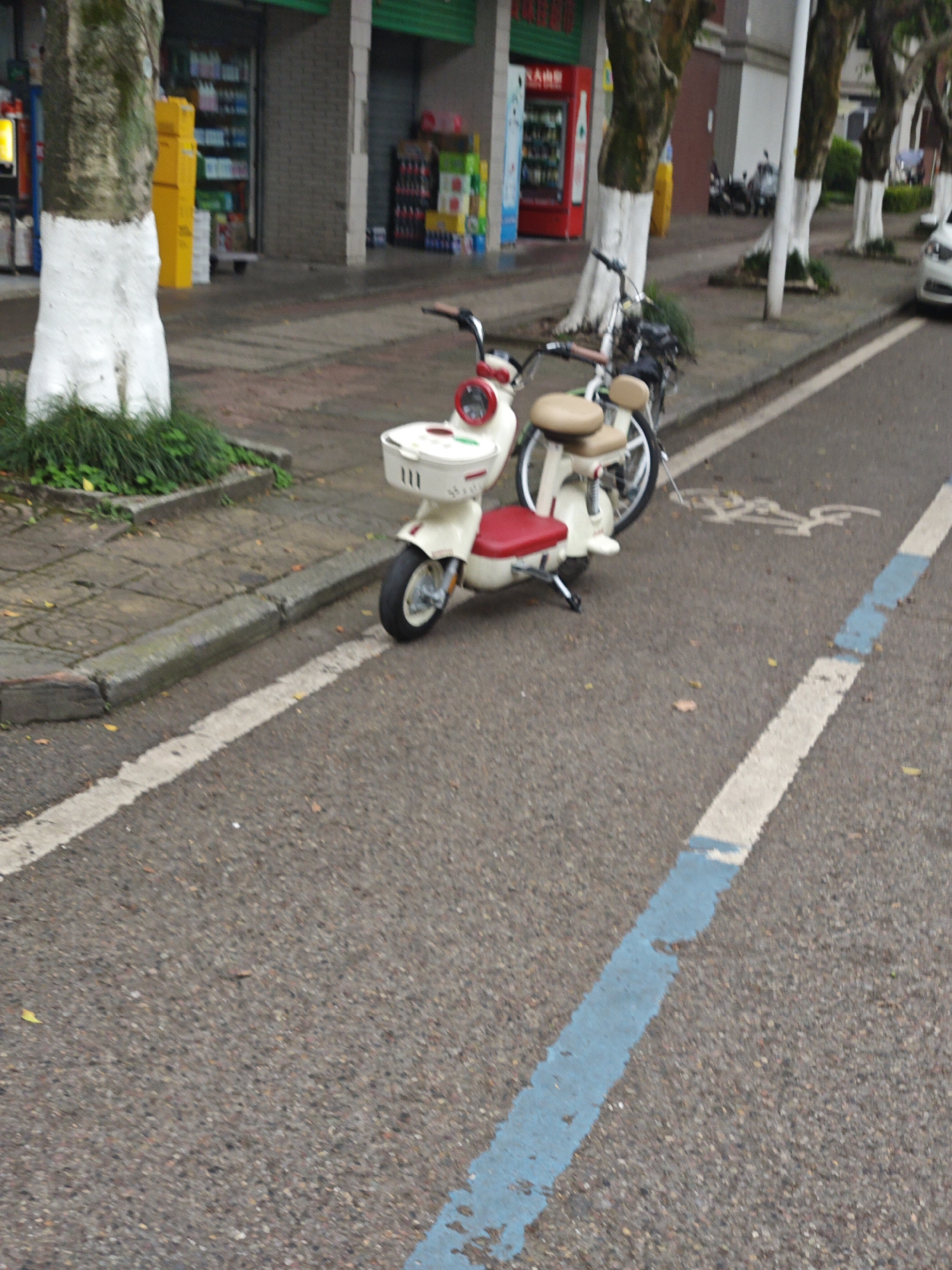The image shows a street scene in an urban area of Unknown, Unknown. A white and red motor scooter is parked at an angle near the sidewalk. Next to it is a bicycle, also leaning at an angle. The scooter has a basket in front and a red seat. The bicycle has a tan-colored seat. Both are parked on a gray asphalt road that has a painted white line with a blue accent near the right edge. A bicycle lane symbol is painted on the road.
In the background, there's a sidewalk next to a building with a store visible. Several trees with white paint on their lower trunks line the sidewalk. A white car is parked on the street in the distance. Other parked vehicles, possibly motorcycles, can be seen further down the street. The environment is generally gray and overcast, with a mix of residential or commercial buildings lining the road.