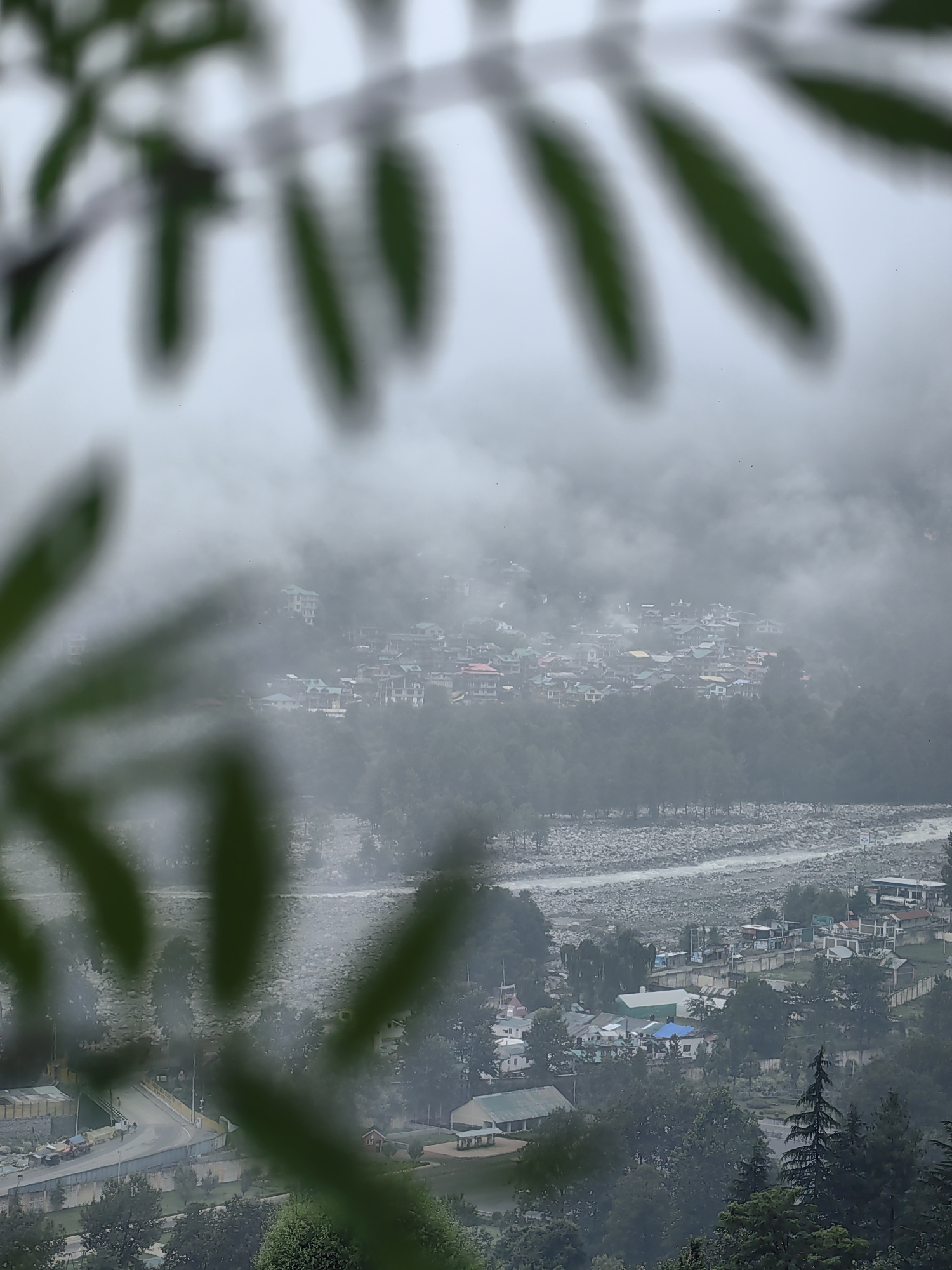 The image captures a misty view of the city of Vashisht, India, from an elevated perspective. The foreground is partially obscured by blurred green leaves. In the middle ground, a cluster of buildings with colorful roofs, primarily green and red, is visible nestled on a hillside, partially enveloped by fog. Below this settlement, a wide, rocky riverbed runs through the landscape, with a section of flowing water. Further in the foreground, a bridge spans across a road where vehicles are present, and more buildings and trees are scattered across the terrain. The overall atmosphere is serene and overcast, suggesting a cool, damp day.