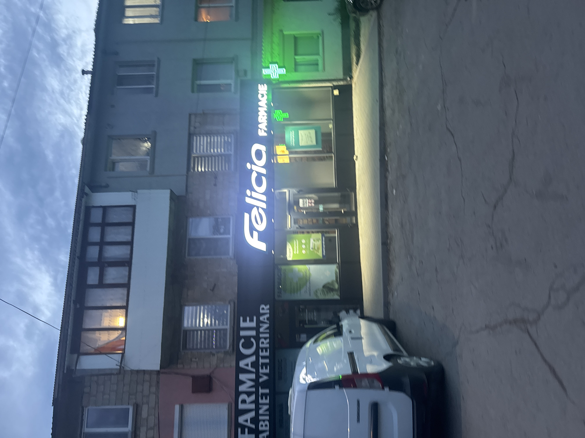 This media file shows the exterior of a building at dusk, possibly in a European city. The building appears to be a multi-story structure with various businesses on the ground floor. The lighting suggests it is evening or twilight.
The most prominent subject is a pharmacy called "Farmacie Felicia" with illuminated signage. The name "Felicia" is displayed in large, white, illuminated letters vertically along the facade, and "Farmacie" is written above it in smaller illuminated letters. There are also green cross symbols, a common symbol for pharmacies, illuminated on the building. Adjacent to the pharmacy is what appears to be a veterinary clinic, indicated by the text "CABINET VETERINAR" on a dark background sign.
In front of the businesses, there are two white vans parked, suggesting a commercial or service area. The street in front of the building is paved. The sky above is cloudy, indicative of a typical evening sky with some atmospheric light.
There are windows visible on the upper floors of the building, some of which are lit from within. The overall impression is one of a functional urban setting, likely a street with shops and residences. No people are clearly visible in the scene. The image is rotated 90 degrees counterclockwise.
