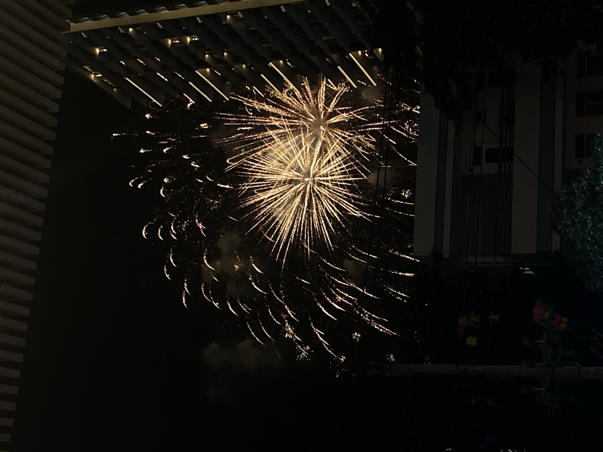 The image captures a night scene in Nha Trang Ward, Vietnam, featuring a vibrant fireworks display. Two large bursts of golden fireworks dominate the sky, with numerous trails extending outwards. The fireworks are positioned against a dark night sky, with some smoke visible. To the right of the fireworks, a modern building with illuminated windows and balconies rises, suggesting an urban setting. In the foreground and left of the frame, silhouetted trees and a utility pole with wires and traffic signals are visible, grounding the scene in its location. The overall impression is of a celebratory event taking place in a city.