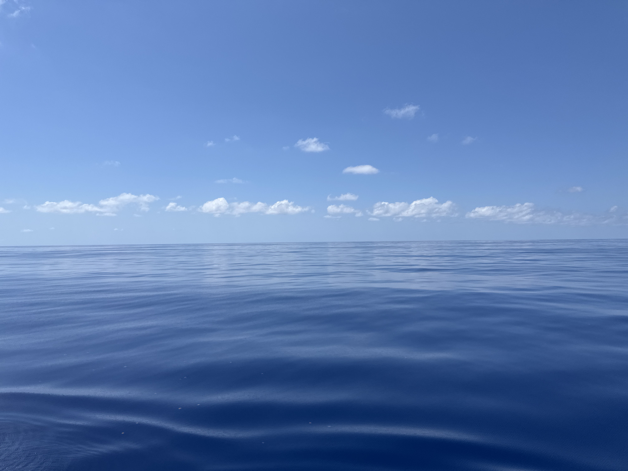 The image depicts a vast expanse of ocean under a clear blue sky. Several small, scattered clouds are visible in the sky. The water is a deep blue, with subtle ripples and reflections creating a textured surface. No people, subjects, or objects are evident in the scene other than the sky and ocean. Location is unknown.
