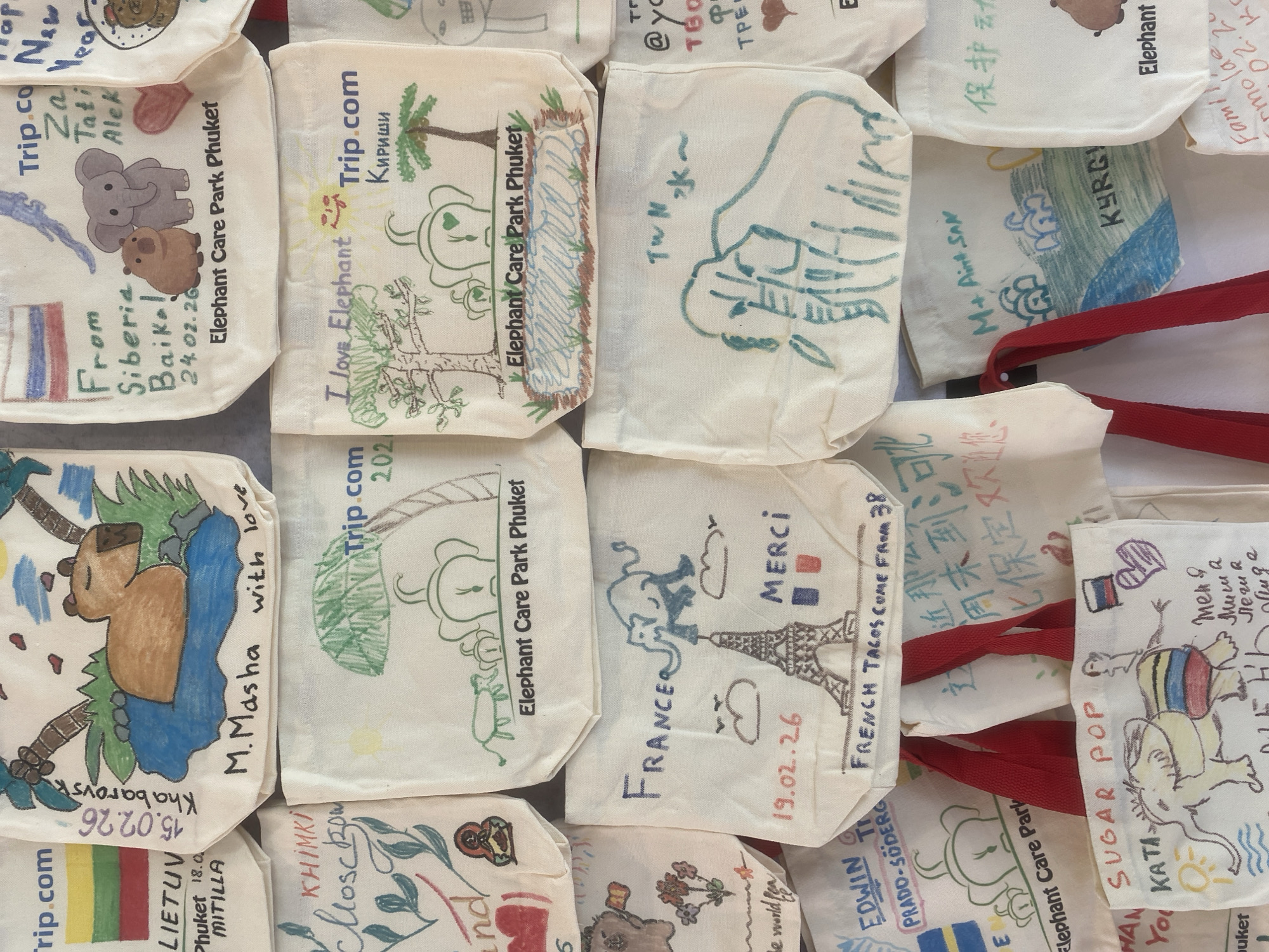 The image displays an overhead view of numerous small, off-white fabric bags, closely arranged and partially overlapping, forming a colorful mosaic of personalized souvenirs. Each bag features unique hand-drawn or hand-painted designs and handwritten text, indicating they are mementos from visitors to the "Elephant Care Park Phuket," an inscription prominently displayed on several items.
The designs frequently depict elephants in various artistic styles, often accompanied by palm trees, water elements, and abstract patterns. Several bags include national flags, such as those of France, Lithuania, and Thailand, along with specific locations or origins of the visitors. Visible text includes names like "M. Masha," "Alek," "Кириши" (Kirishi), "EDWIN T," and "MAN YO KATA." Many bags are dated, predominantly showing dates in February 2026, such as "24.02.26," "19.02.26," and "15.02.26," suggesting a specific period of visits.
Further location cues are found in phrases like "From Siberia Baikal," "Khabarovsk," "Khimki Moscow," "Lietuva Phuket," "France," and "Kyrgy" (Kyrgyzstan), indicating a diverse international visitor base. Other phrases include "I Love Elephant," "MERCI," "SUGAR POP," "TWN 水~" (likely Taiwan Water), and Chinese characters translating to "protect animals" and a welcoming message. One bag also mentions "FRENCH TACOS COME FROM 38." The overall collection conveys positive emotions, appreciation, and fond memories of visits to the elephant care park in Choeng Thale, Thailand. The bright lighting suggests a daytime setting.
