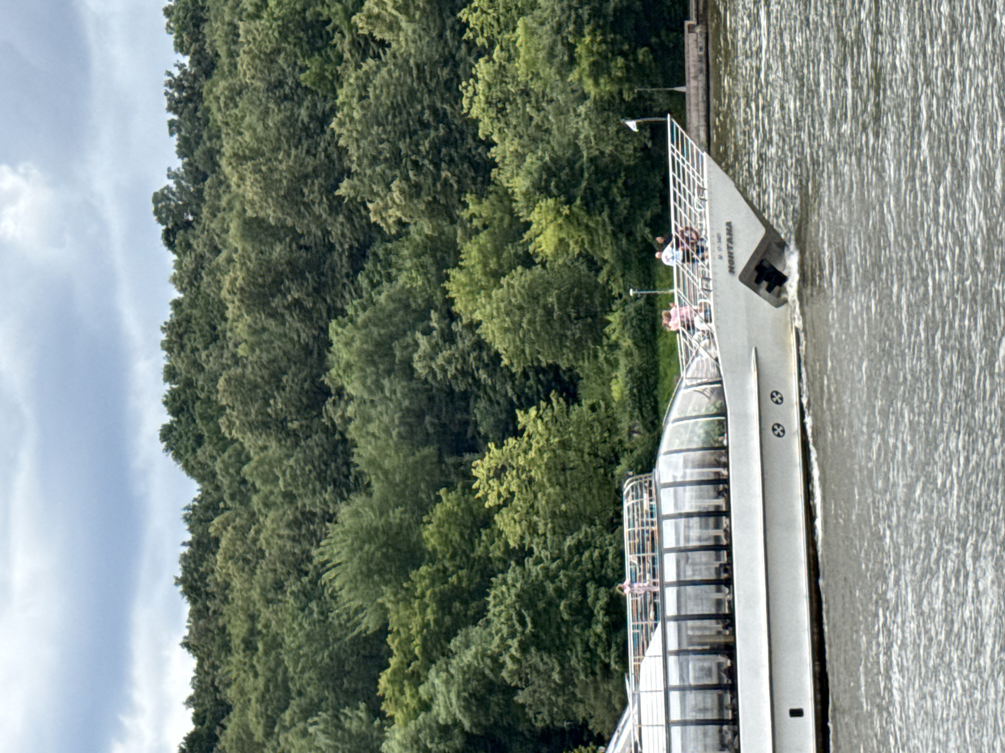 This media file depicts a cruise ship moving through a body of water, likely the Moscow River given the location context. The ship, named "MONTANA" as indicated by text on its hull, is white and features a modern, multi-level design with large glass windows. Several passengers are visible on the deck, enjoying the journey. The ship is cutting through shimmering water, creating a wake.
The scene is framed by a dense, lush green forest that covers the bank of the river. The trees are vibrant and full, suggesting it's a warm season. In the upper left portion of the image, a cloudy sky can be seen, with streaks of white clouds against a lighter blue backdrop. The lighting suggests it is daytime, possibly late morning or afternoon, with diffused sunlight due to the clouds. The overall atmosphere appears peaceful and recreational, with people enjoying a scenic boat trip.