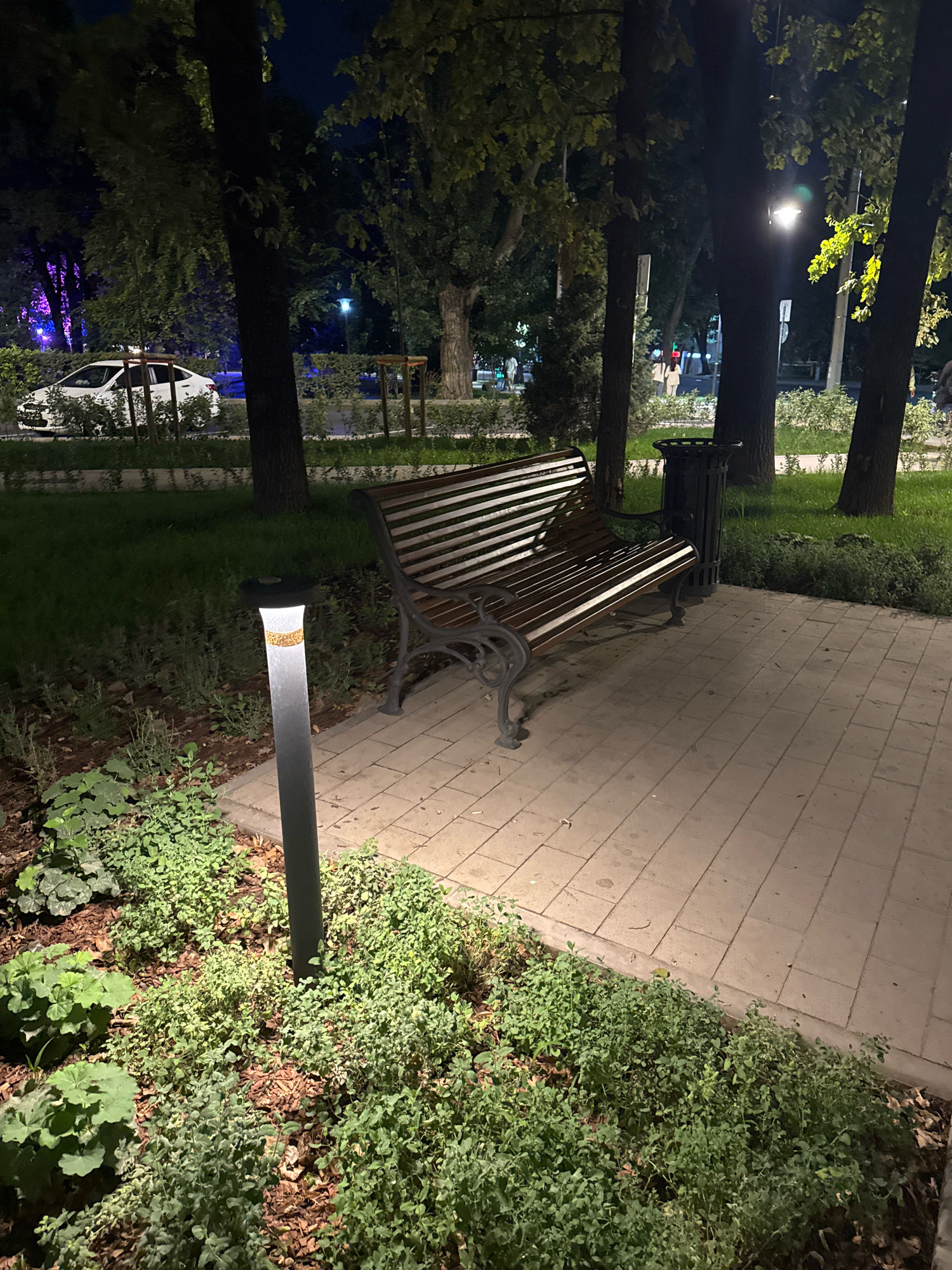 A nighttime scene in Almaty, Kazakhstan, features a park area with a paved walkway and a wooden bench. A modern, dark gray trash receptacle stands next to the bench. In the foreground, a pathway lamp with a cylindrical glass shade illuminates the surrounding low-lying greenery and mulch. Beyond the bench, a grassy area is visible, dotted with trees. In the background, a white car is parked on a street, and several indistinct figures can be seen walking in the distance. The lighting suggests a time after sunset, with artificial lights casting a warm glow on the scene.