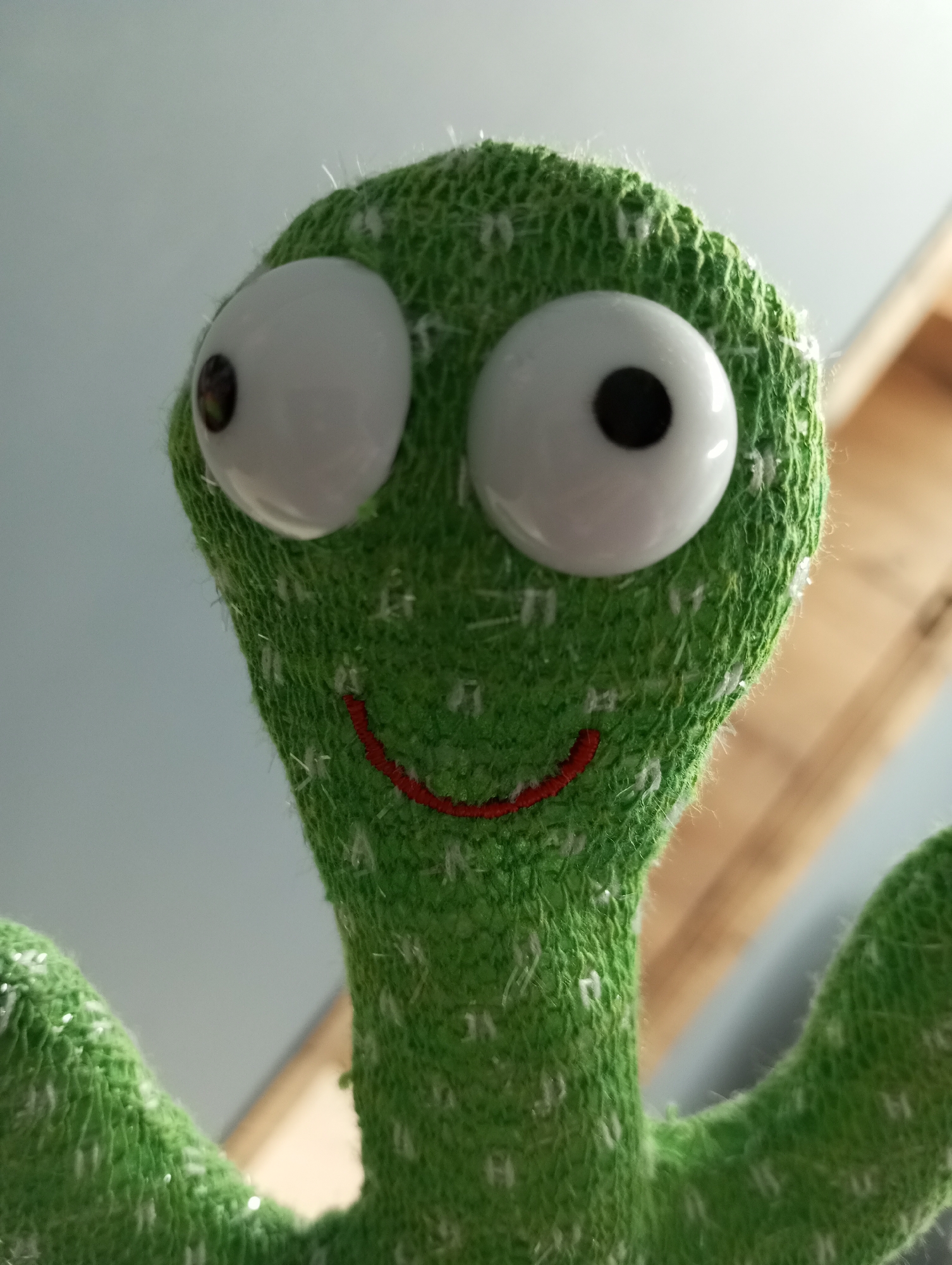 A close-up, low-angle shot depicts a green, fabric-covered toy cactus with large, googly eyes and a red stitched smile. The cactus is positioned against a blurred background consisting of a light blue wall and a partial view of a wooden structure. Location of the scene cannot be determined.