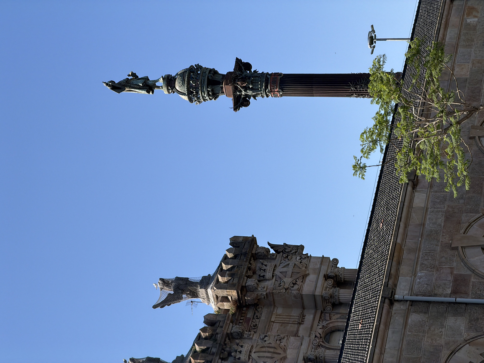 This is a vertically oriented, eye-level medium shot of a monument and a building in Barcelona, Spain. The sky is a clear, bright blue, suggesting daytime with good weather.
The primary subject is a tall, ornate column, possibly a monument. At its top, a bronze figure stands, appearing to be a statue, possibly of a historical figure or a symbolic representation. The column itself is dark and fluted, with intricate decorative elements around its capital. Just below the statue, the words "Triumphus Gloriae" are visible in red lettering, indicating the monument's theme.
To the right of the column, a portion of a stone building is visible. It has a dark, tiled roof and its facade is made of large, weathered stone blocks. A small tree with vibrant green foliage grows on the side of the building, its branches reaching towards the sky. Above the tree and to the left of the column, a security camera mounted on a pole is visible against the blue sky.
In the lower part of the image, the roofline of another ornate building is visible. This building features a prominent gargoyle-like sculpture with a net covering its head, possibly for protection against birds. The sculpture is made of stone and is elaborately carved, with sharp, angular features. The architecture of this building also appears to be old and detailed.
The scene captures a juxtaposition of historical grandeur with modern elements like the security camera. The overall impression is one of an architectural landmark bathed in sunlight.